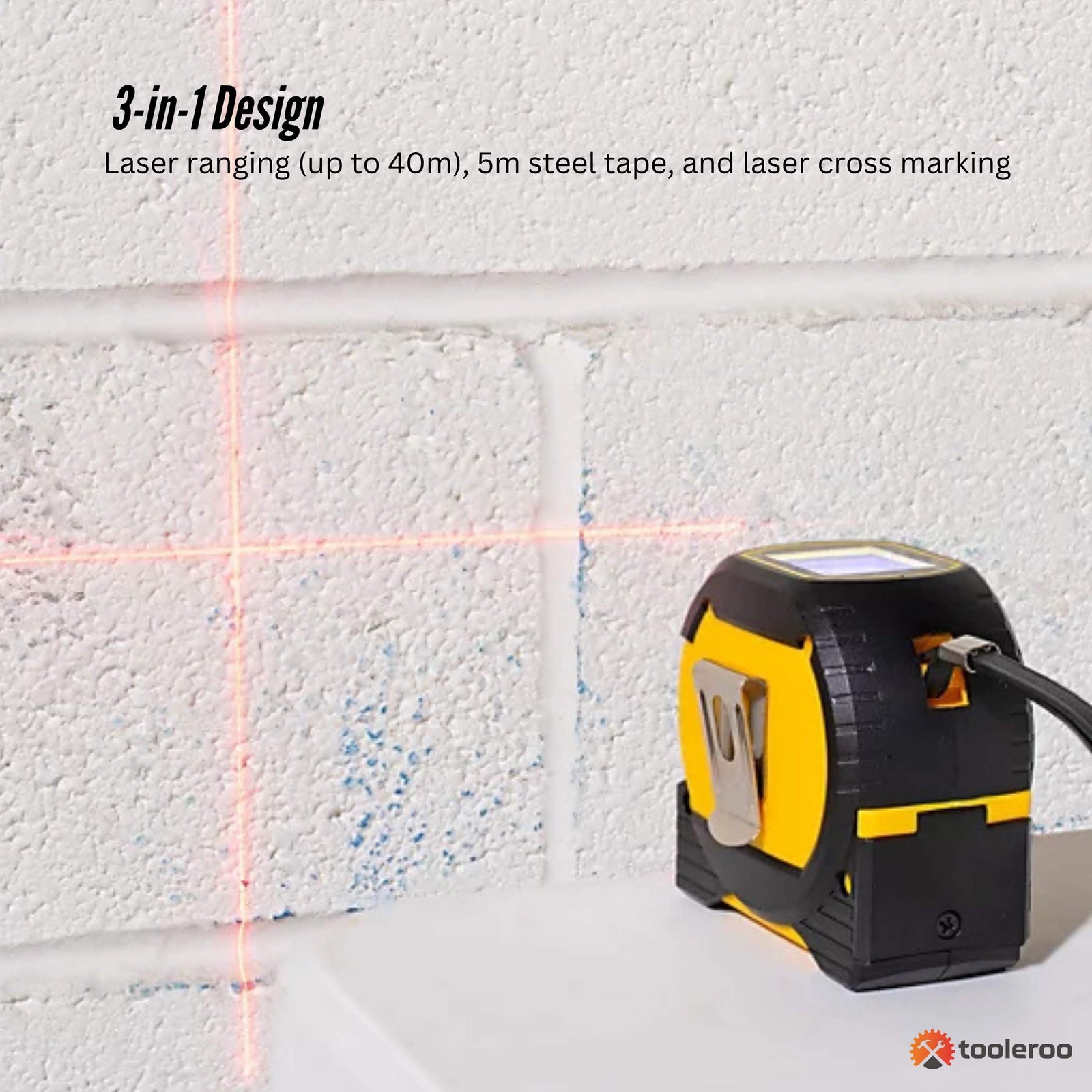 40m Digital Laser Tape Measure + 5m Steel Tape – 3-in-1 Cross Marking