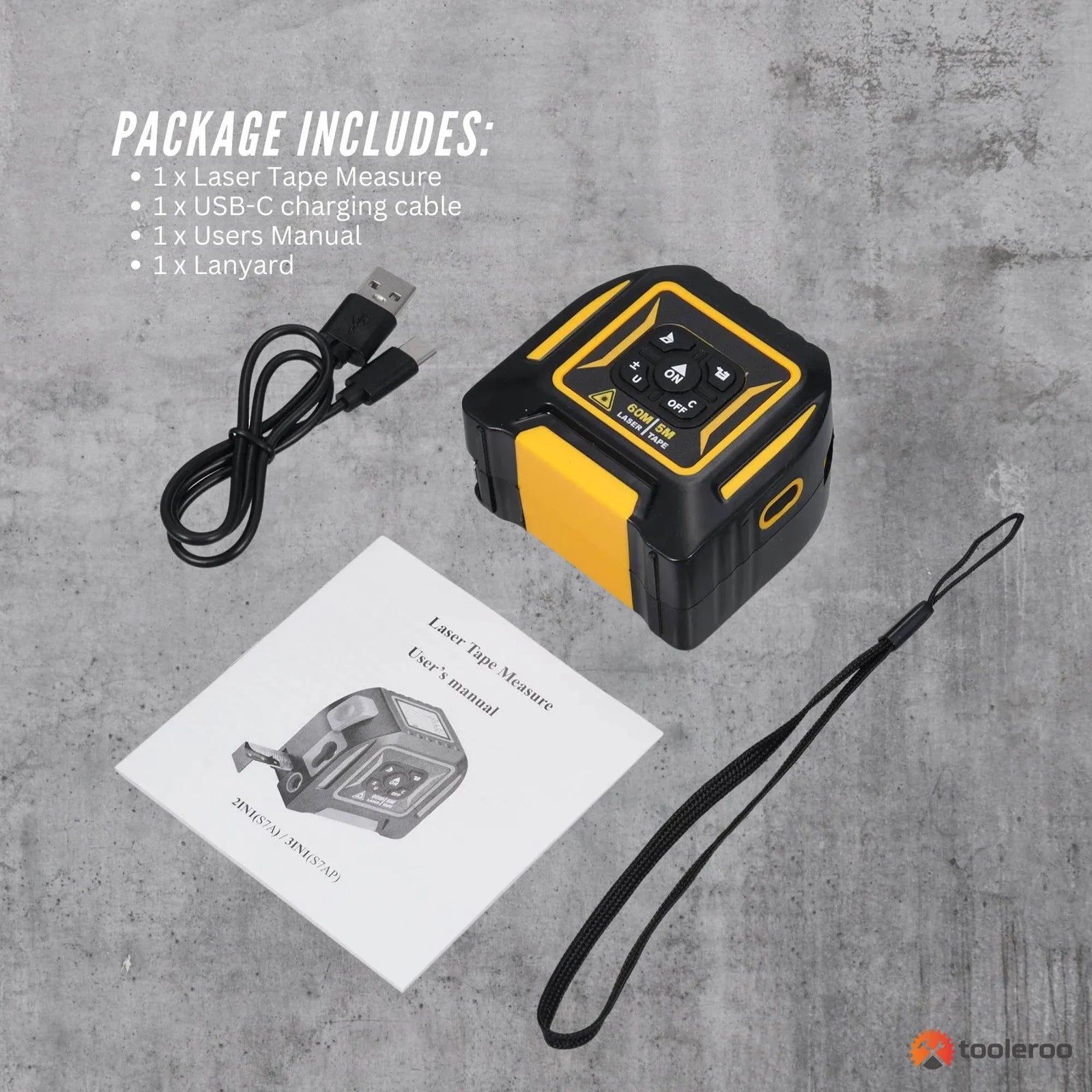 Tooleroo 60m Digital Laser Tape Measure + 5m Steel Tape – 3-in-1 Cross Marking