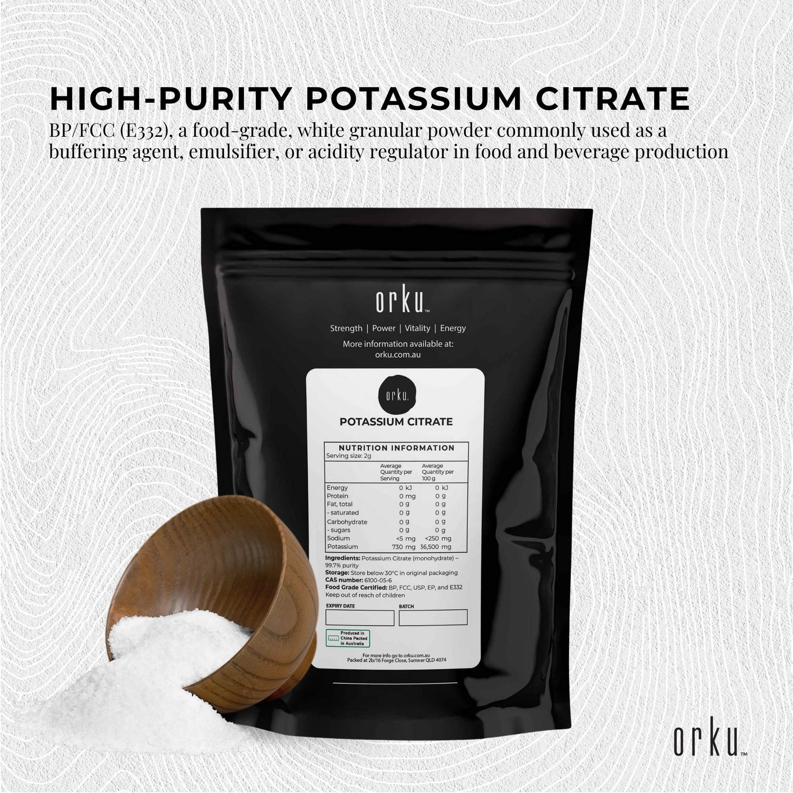 Orku 1Kg Potassium Citrate Food Grade - Granular BP USP FCC E332 Additive