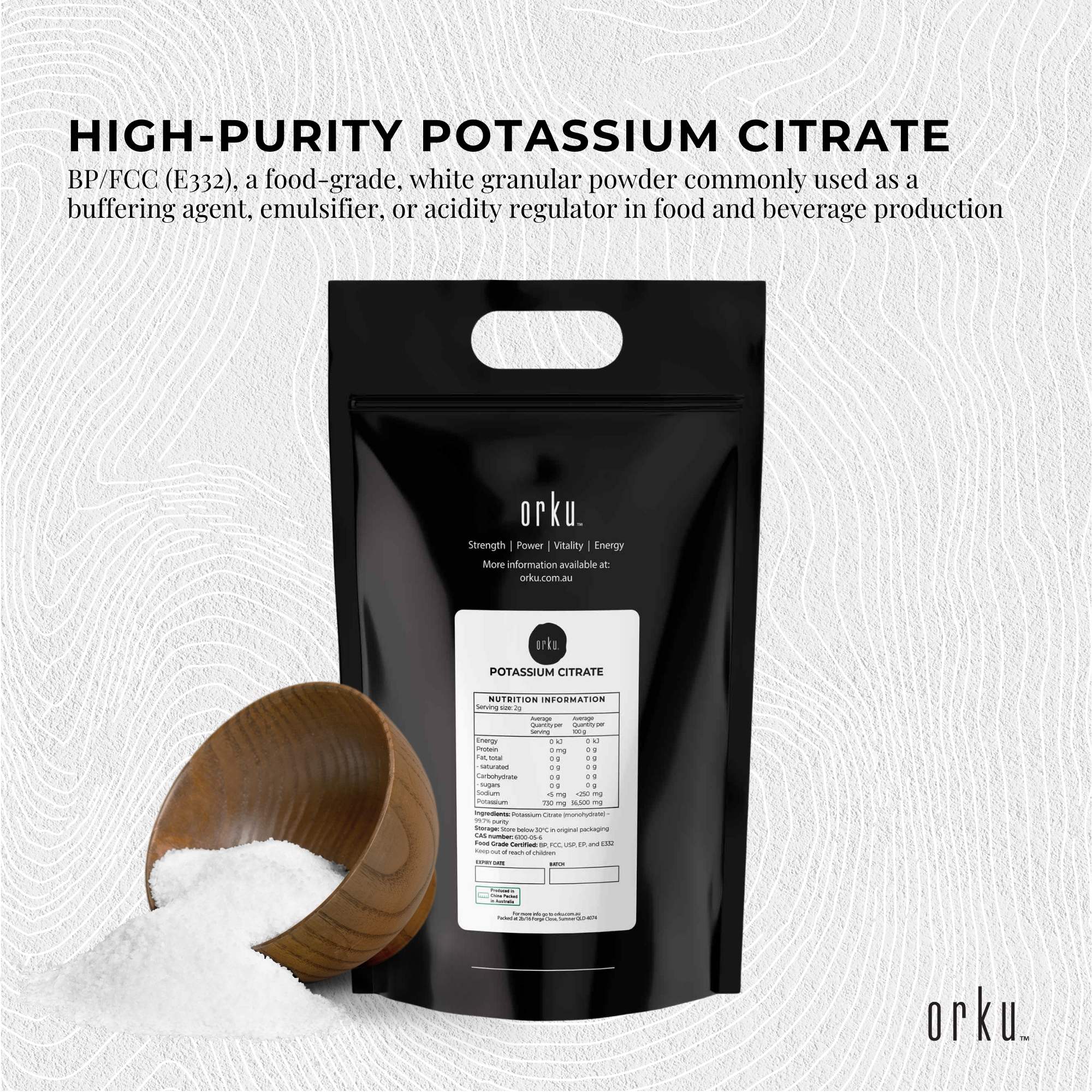 Orku 5Kg Potassium Citrate Food Grade - Granular BP USP FCC E332 Additive