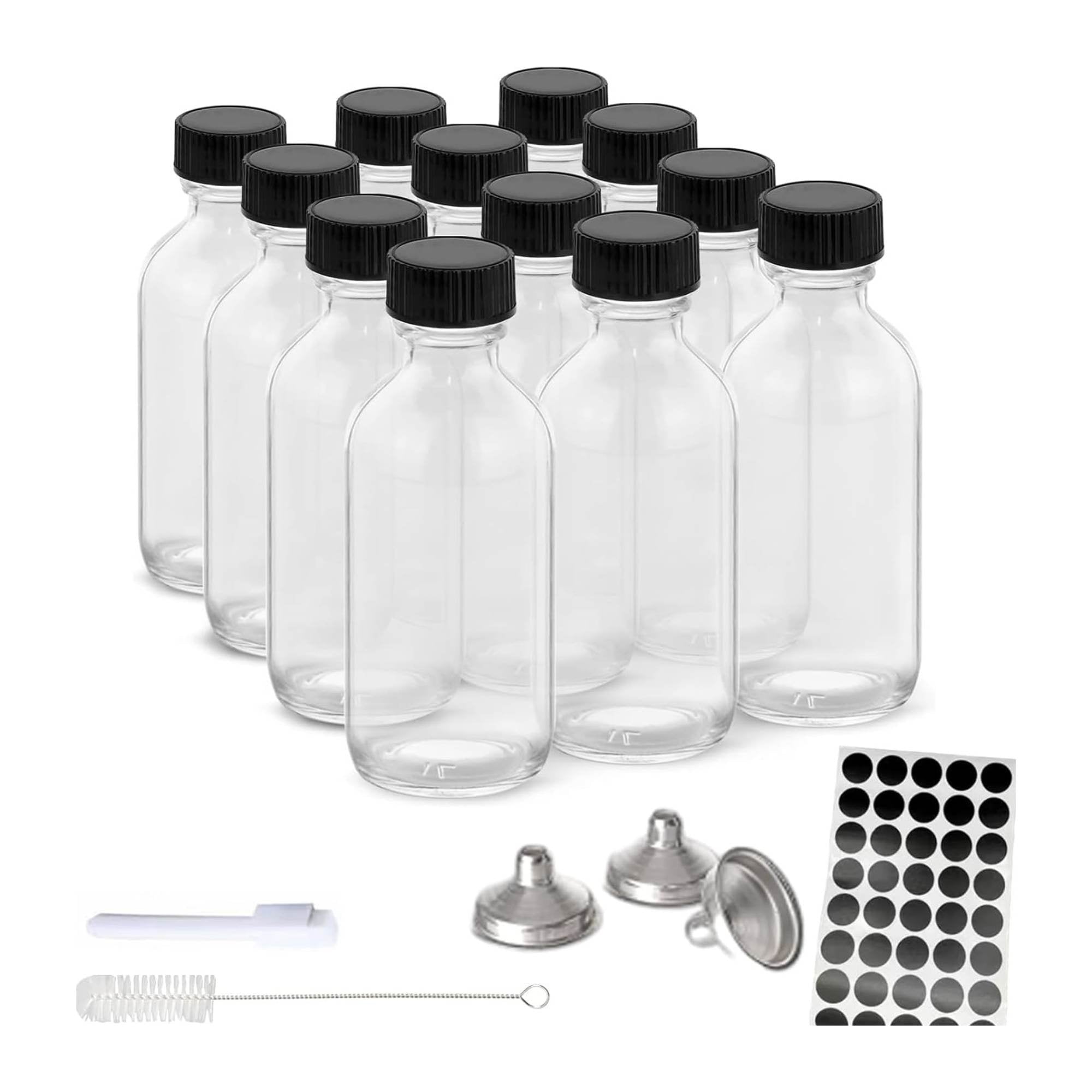 12x 60ml Small Glass Bottles + Lids Funnels Brush Labels Pen