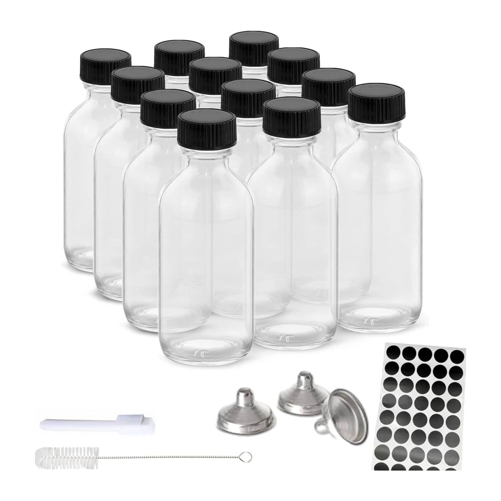 12x 60ml Small Glass Bottles + Lids Funnels Brush Labels Pen