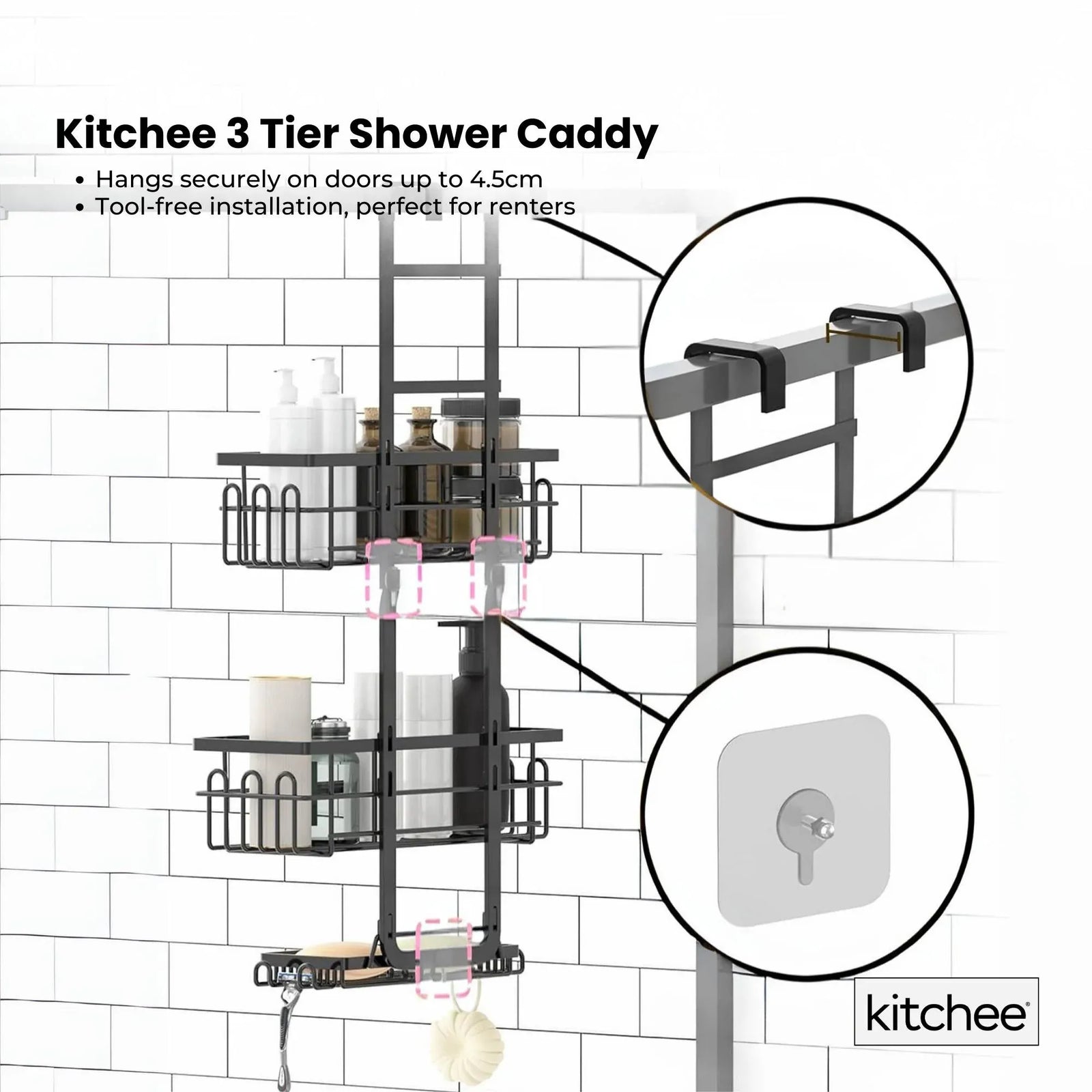 3 Tier Shower Caddy Over Door Bathroom Hanging Shelf Storage Rack Black