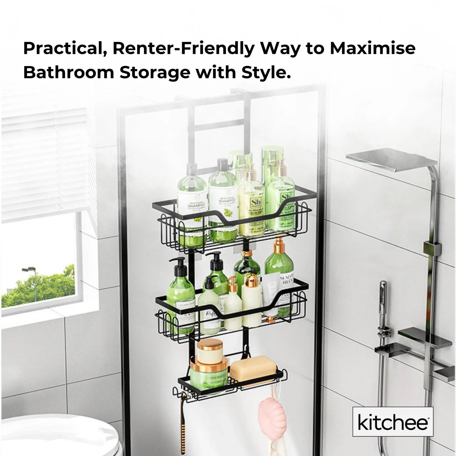 3 Tier Shower Caddy Over Door Bathroom Hanging Shelf Storage Rack Black