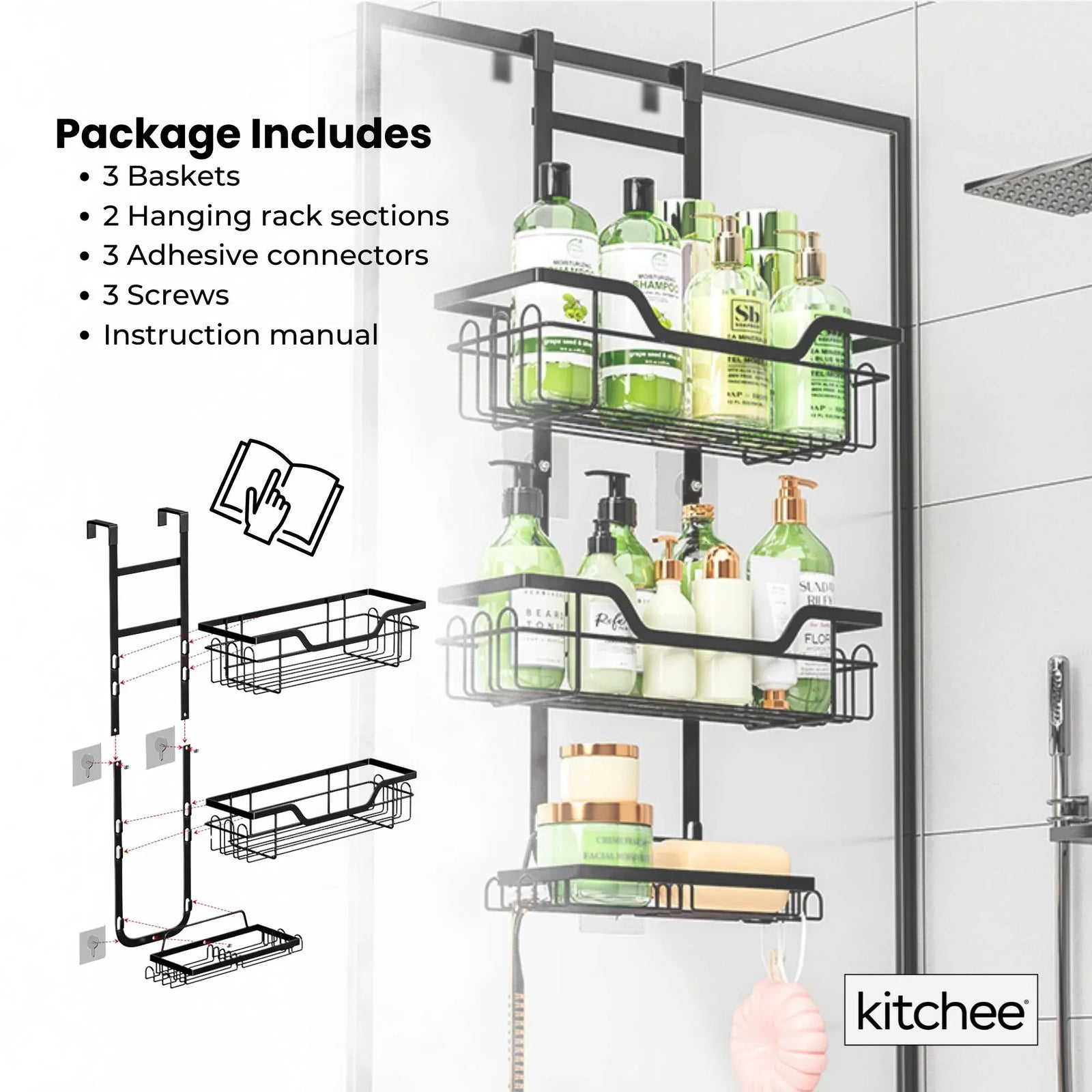3 Tier Shower Caddy Over Door Bathroom Hanging Shelf Storage Rack Black