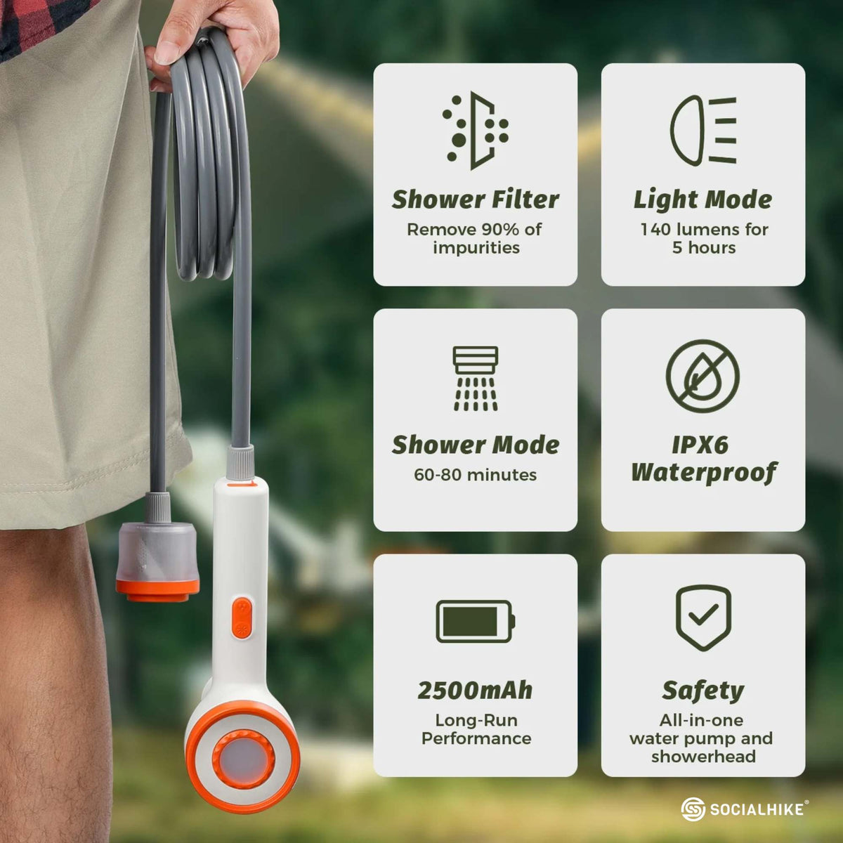 Portable Camping Shower Head - Outdoor Rechargeable Pump LED Light