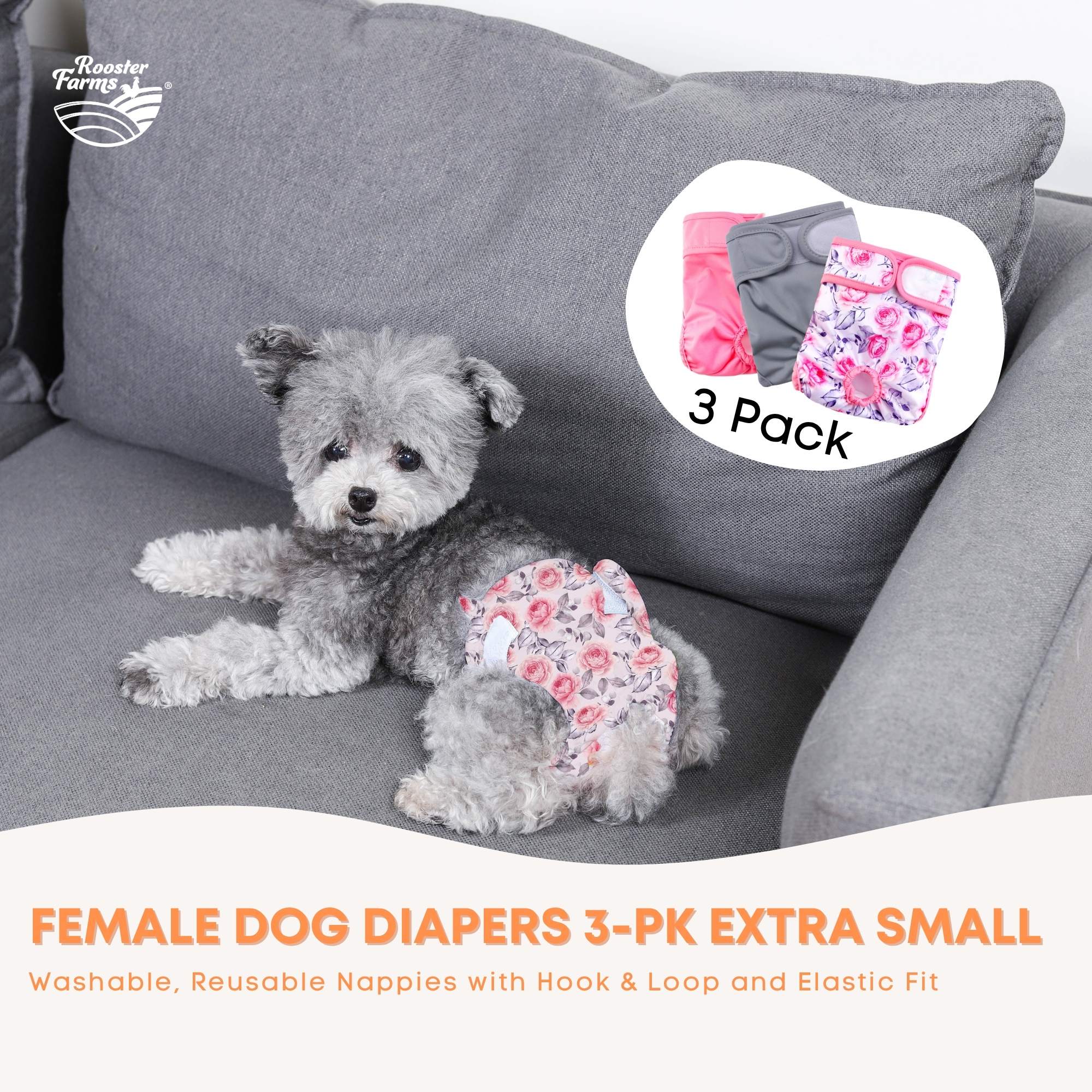 Female Dog Diapers XSmall 3Pk - Washable Reusable Nappy Hook/Loop