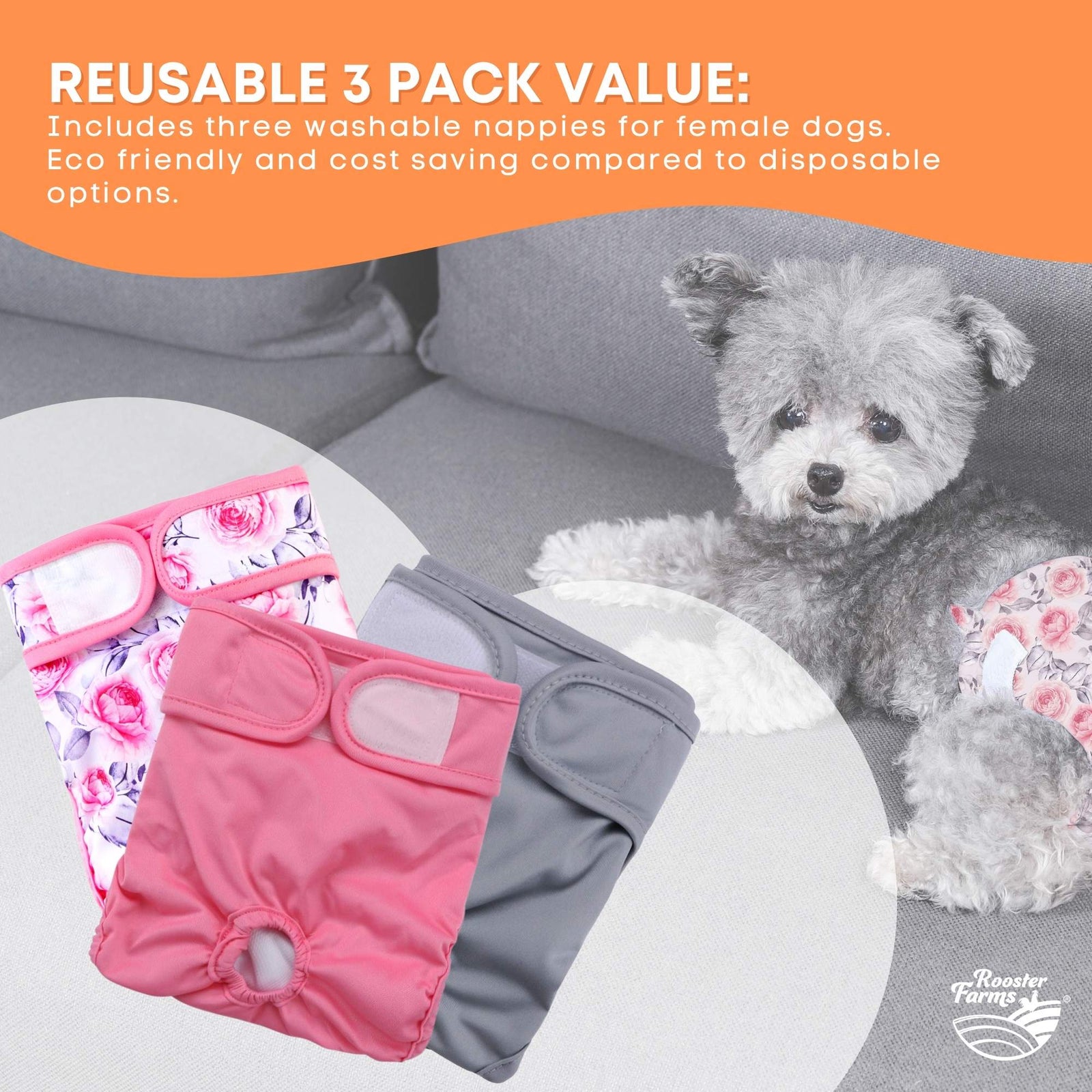 Female Dog Diapers XSmall 3Pk - Washable Reusable Nappy Hook/Loop