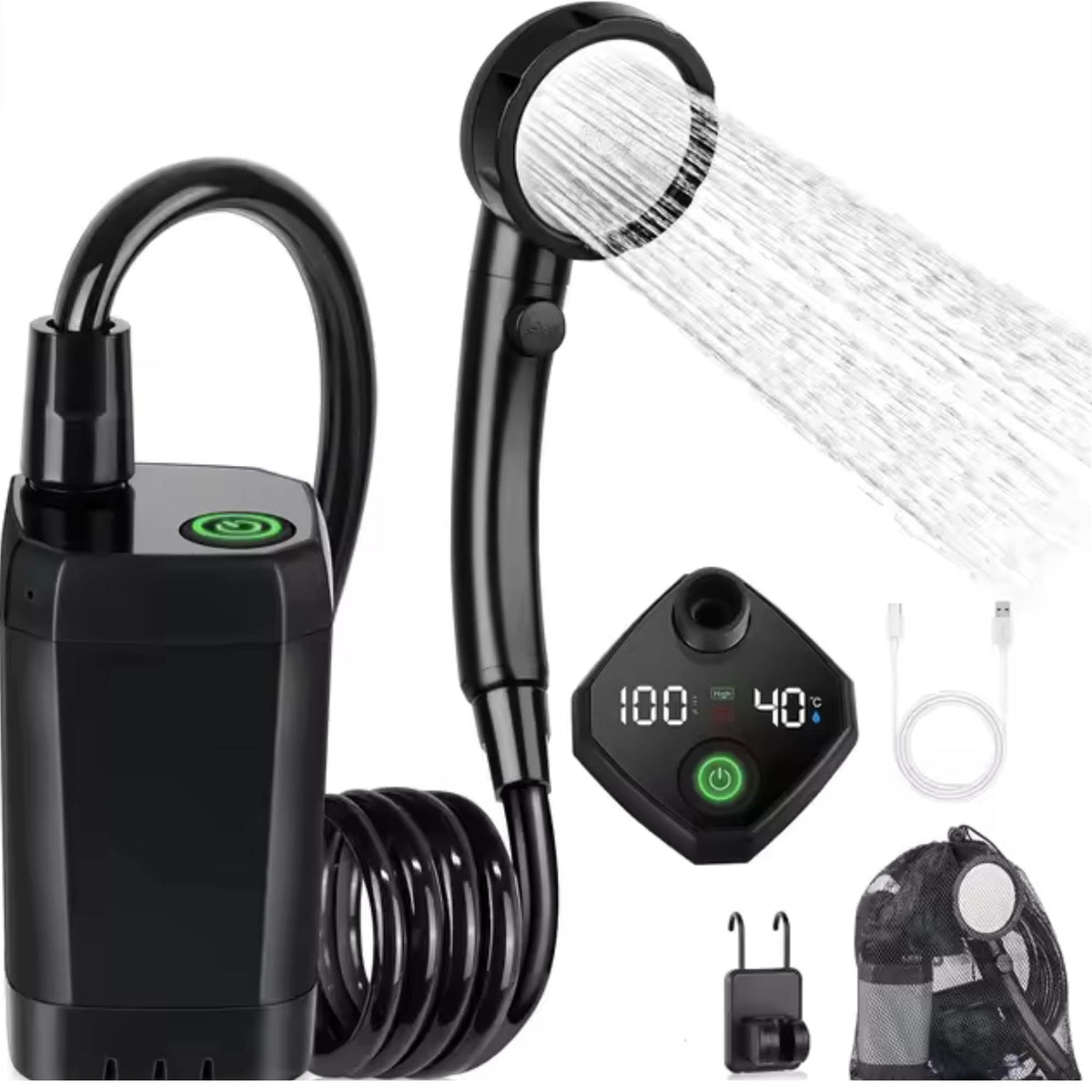 Portable Camping Shower Kit - 6000MAh Outdoor Rechargeable Pump LED