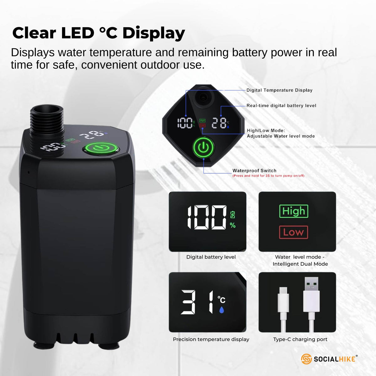 Portable Camping Shower Kit - 6000MAh Outdoor Rechargeable Pump LED