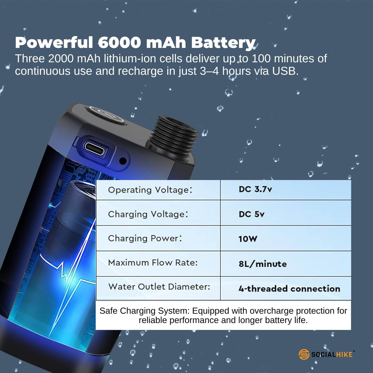 Portable Camping Shower Kit - 6000MAh Outdoor Rechargeable Pump LED