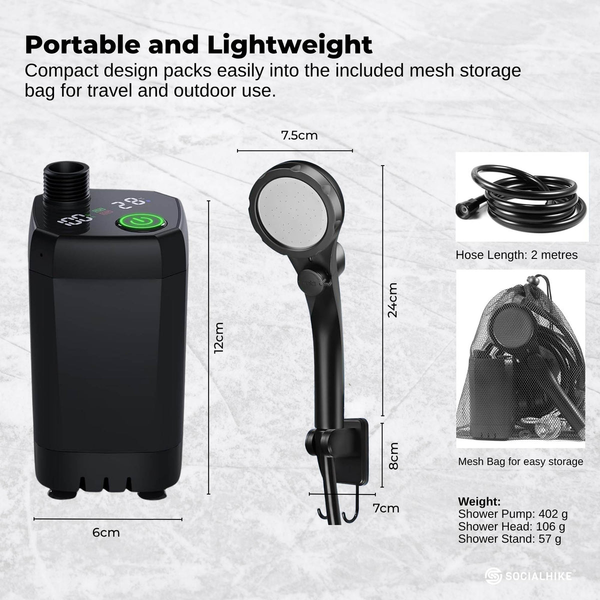 Portable Camping Shower Kit - 6000MAh Outdoor Rechargeable Pump LED
