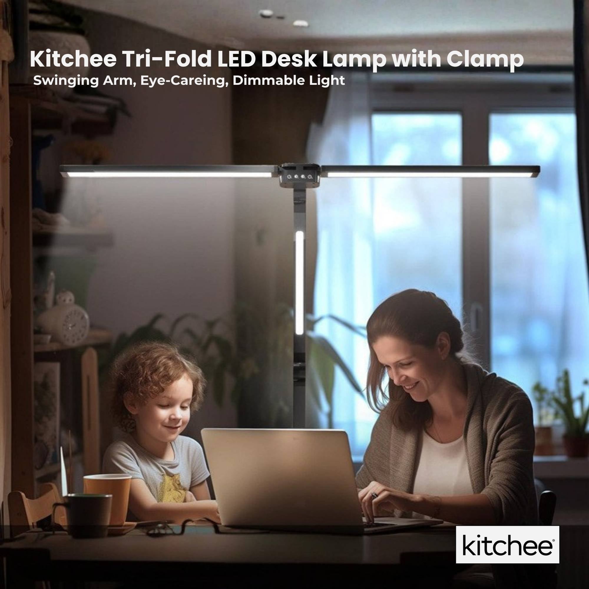 Tri-Fold LED Desk Lamp with Clamp - Swinging Arm Eye-Care Dimmable Light