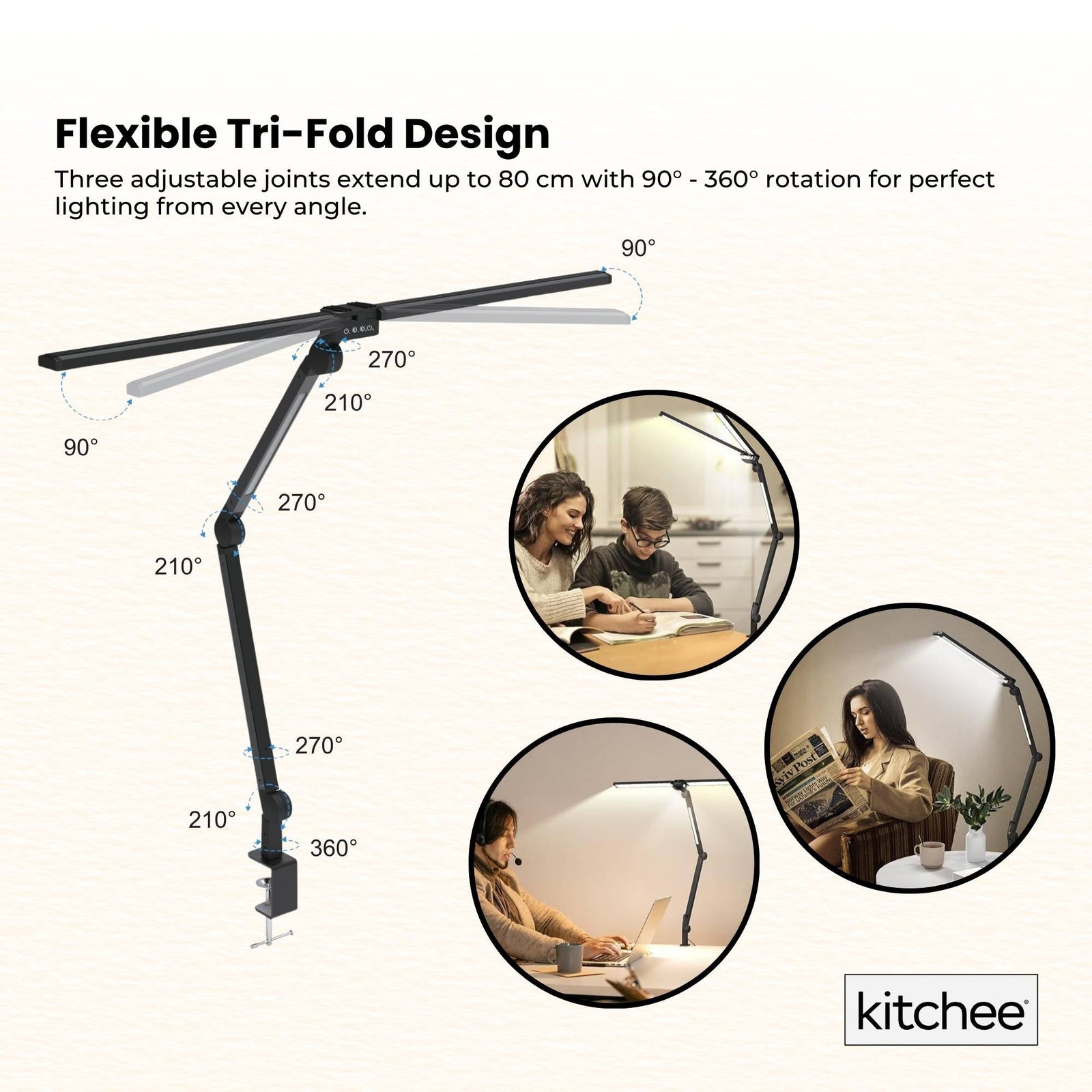 Tri-Fold LED Desk Lamp with Clamp - Swinging Arm Eye-Care Dimmable Light