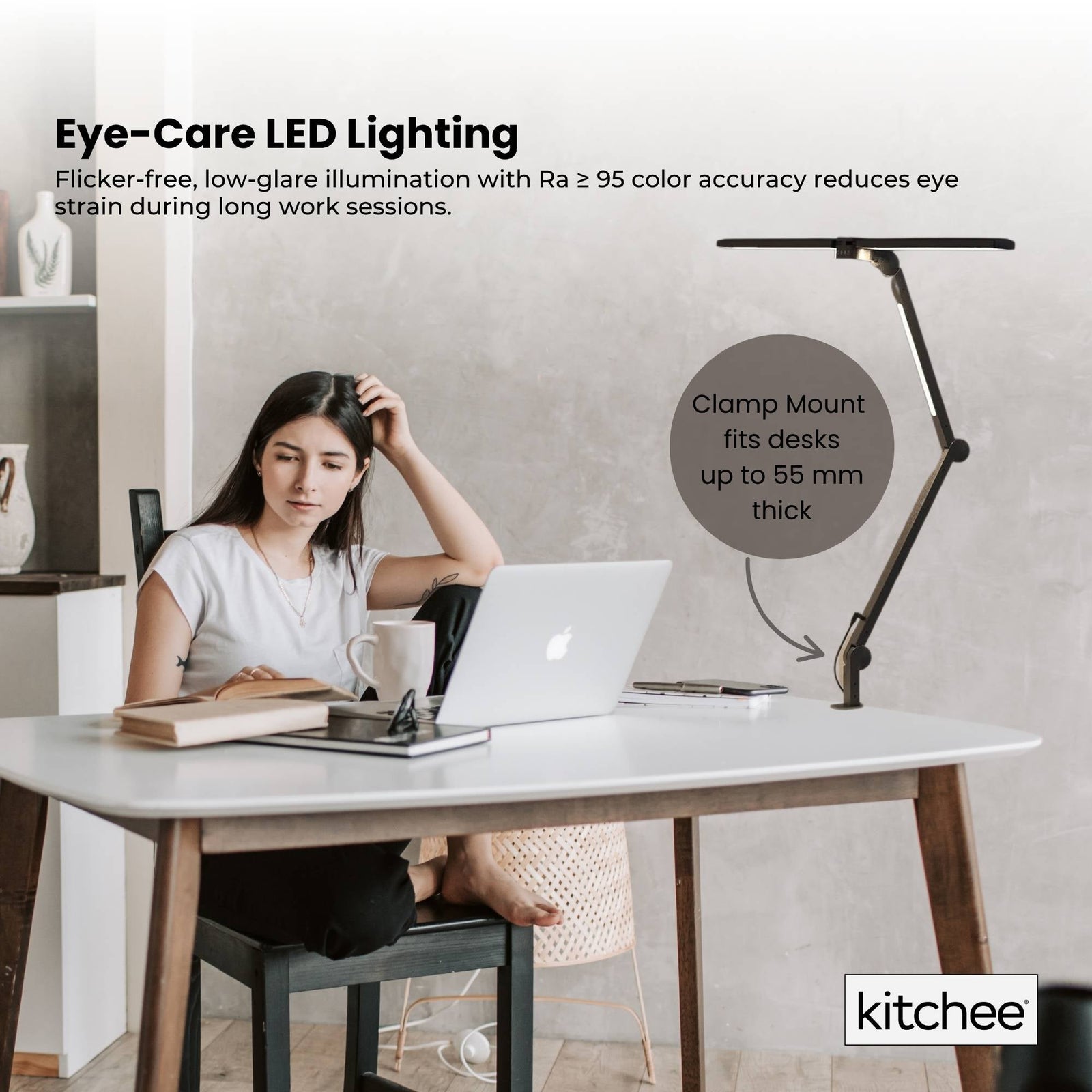 Tri-Fold LED Desk Lamp with Clamp - Swinging Arm Eye-Care Dimmable Light