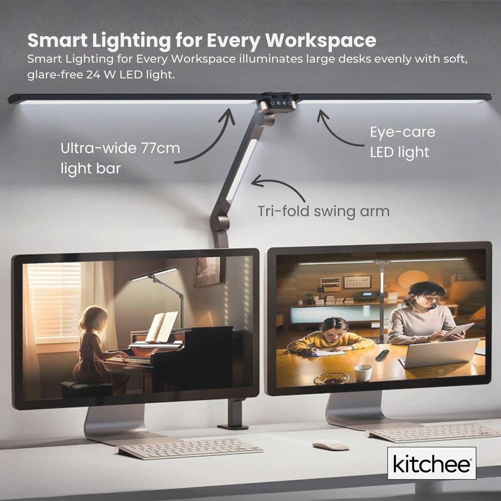 Tri-Fold LED Desk Lamp with Clamp - Swinging Arm Eye-Care Dimmable Light