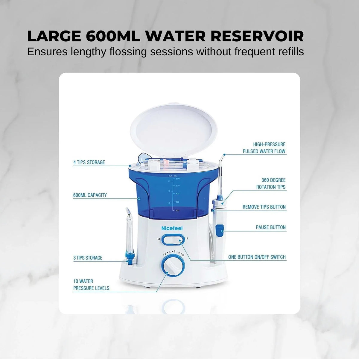 600ml Water Flosser Electric Dental Oral Irrigator 10 Pressure Settings 7 Tips