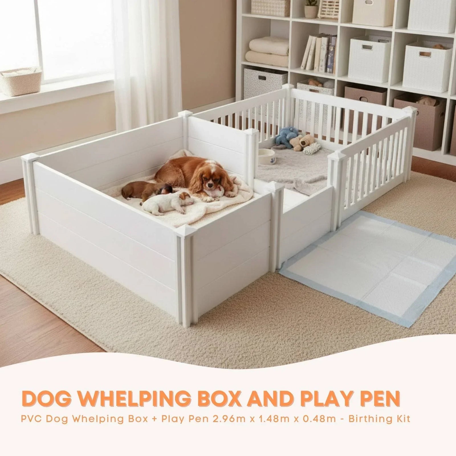 Rooster Farms 2.96m x 1.48m PVC Dog Whelping Box + Playpen Kit - Anti-Crush Rail