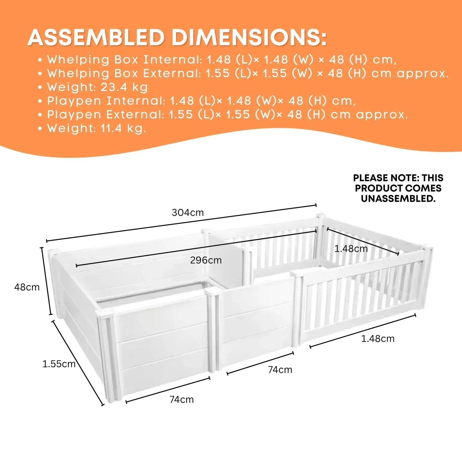 Rooster Farms 2.96m x 1.48m PVC Dog Whelping Box + Playpen Kit - Anti-Crush Rail