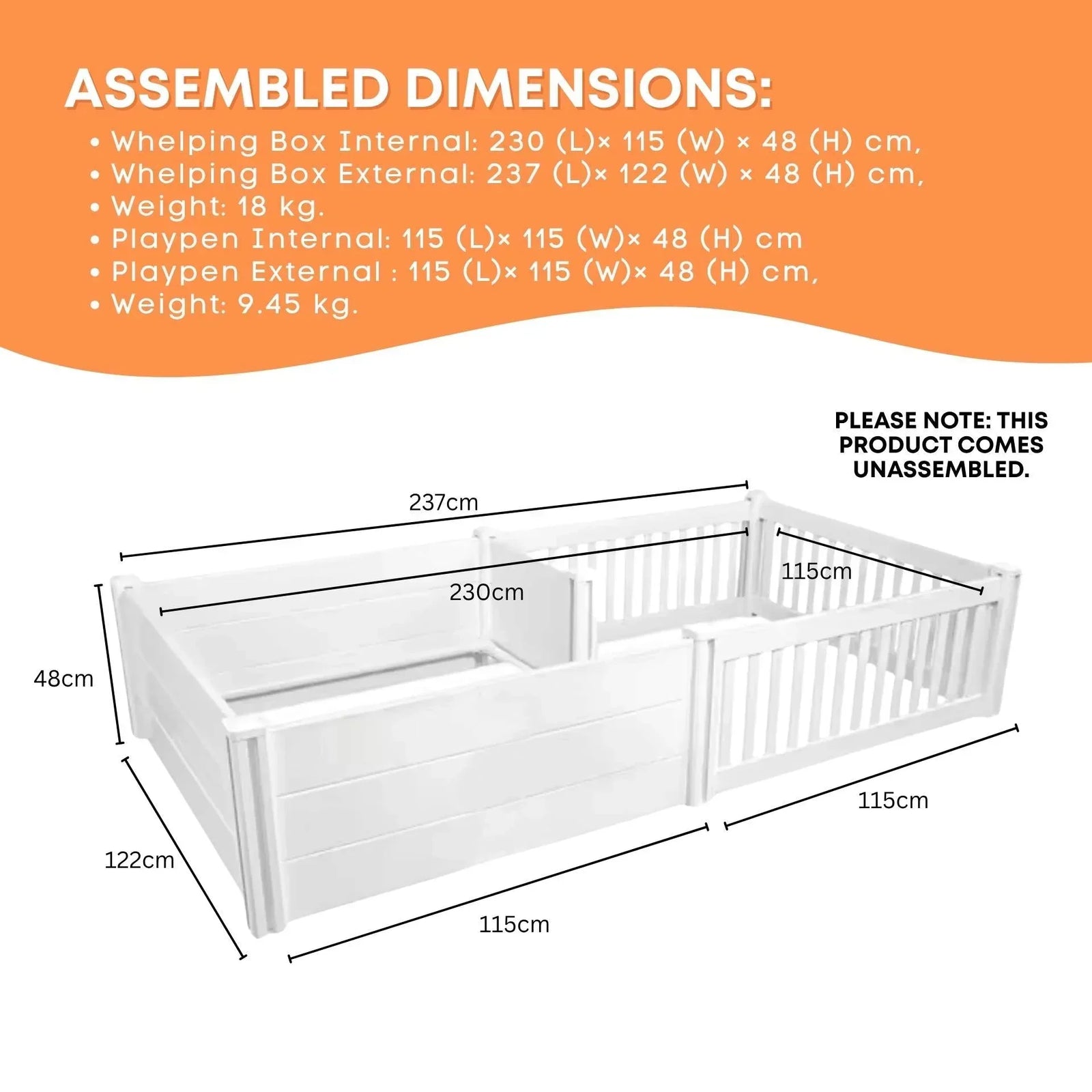 Rooster Farms 2.3m x 1.15m PVC Dog Whelping Box + Playpen Kit - Anti-Crush Rail