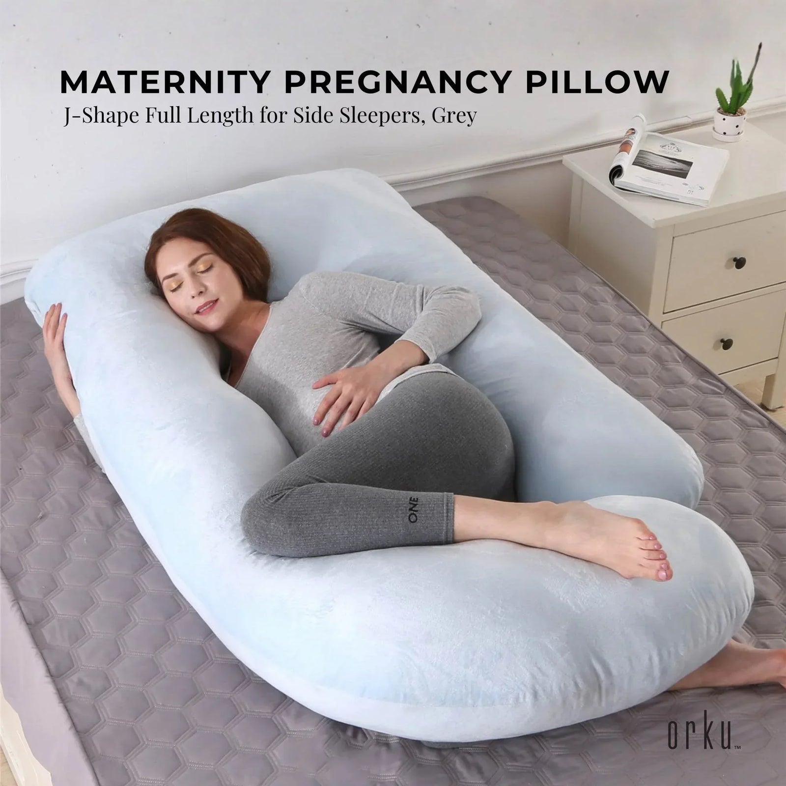 Maternity Pregnancy Pillow - J-Shape Full Length for Side Sleepers Grey
