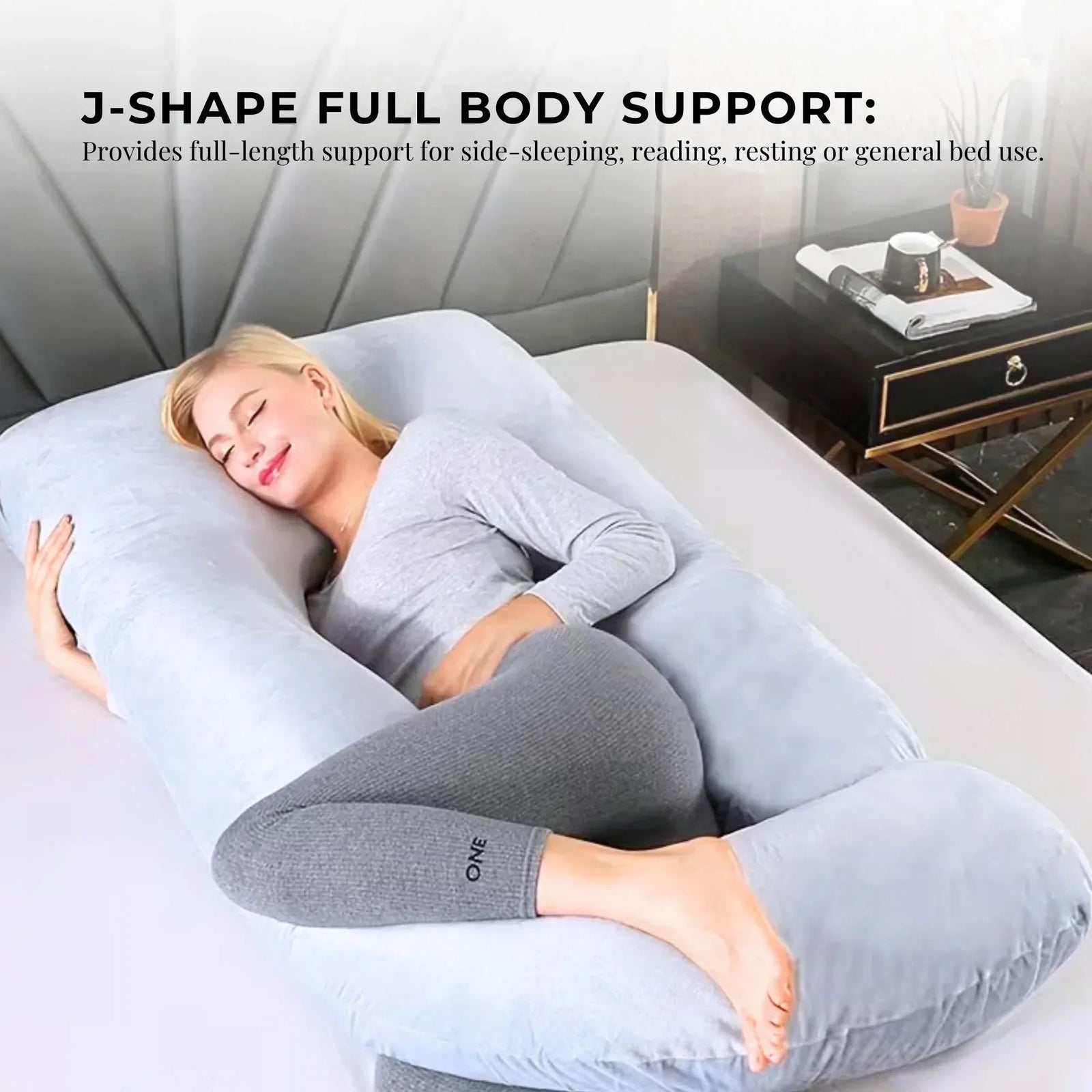 Maternity Pregnancy Pillow - J-Shape Full Length for Side Sleepers Grey