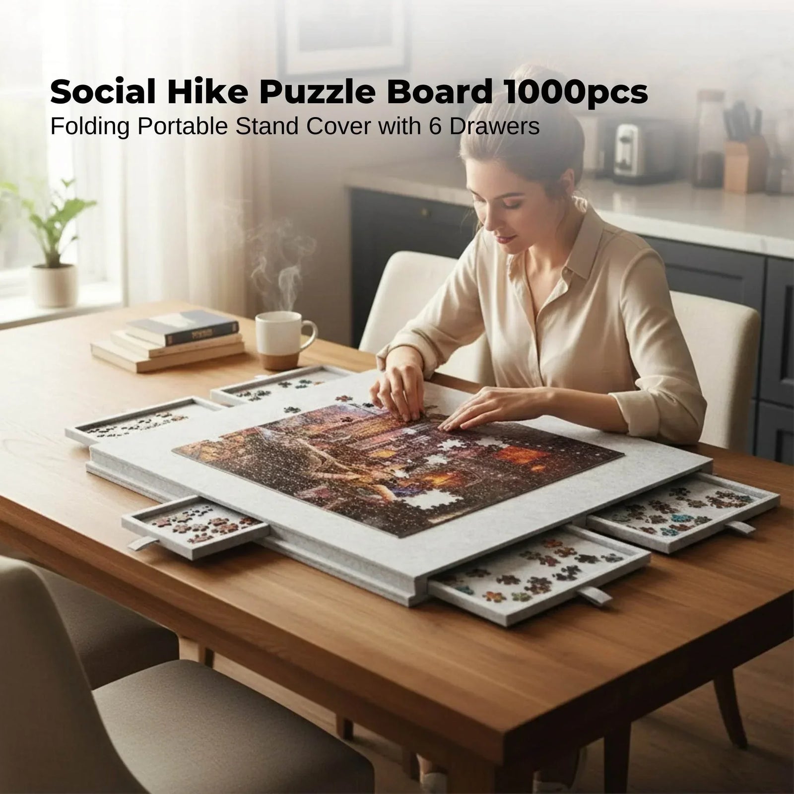 Puzzle Board 1000 pcs - Felt Tilting Portable Cover + Drawers Silver