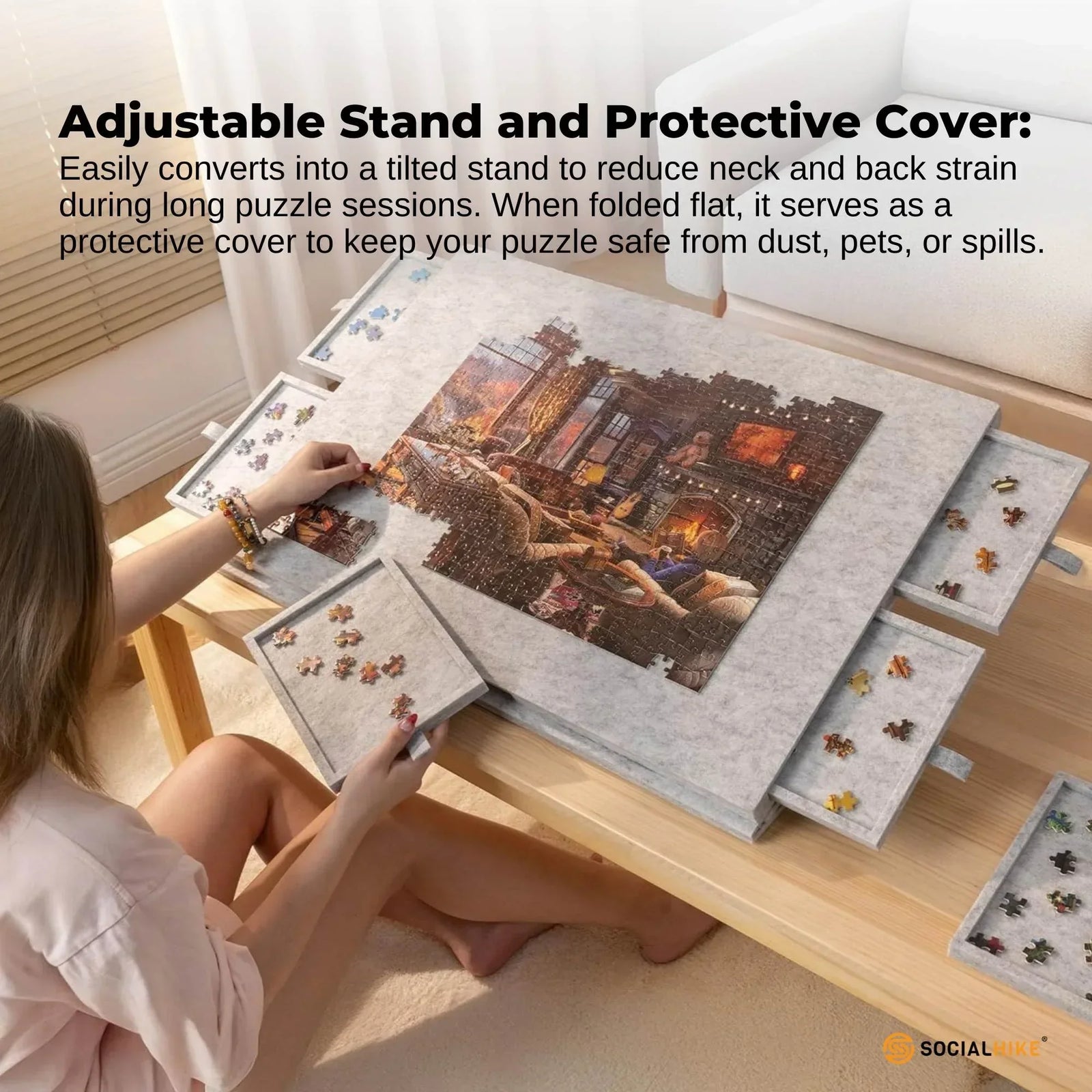 Puzzle Board 1000 pcs - Felt Tilting Portable Cover + Drawers Silver