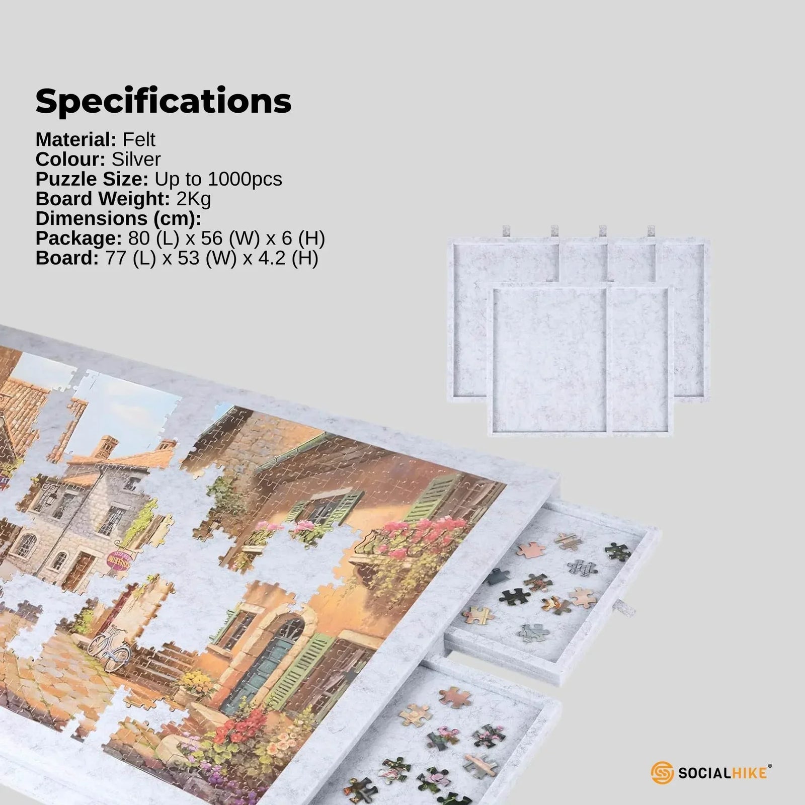 Puzzle Board 1000 pcs - Felt Tilting Portable Cover + Drawers Silver