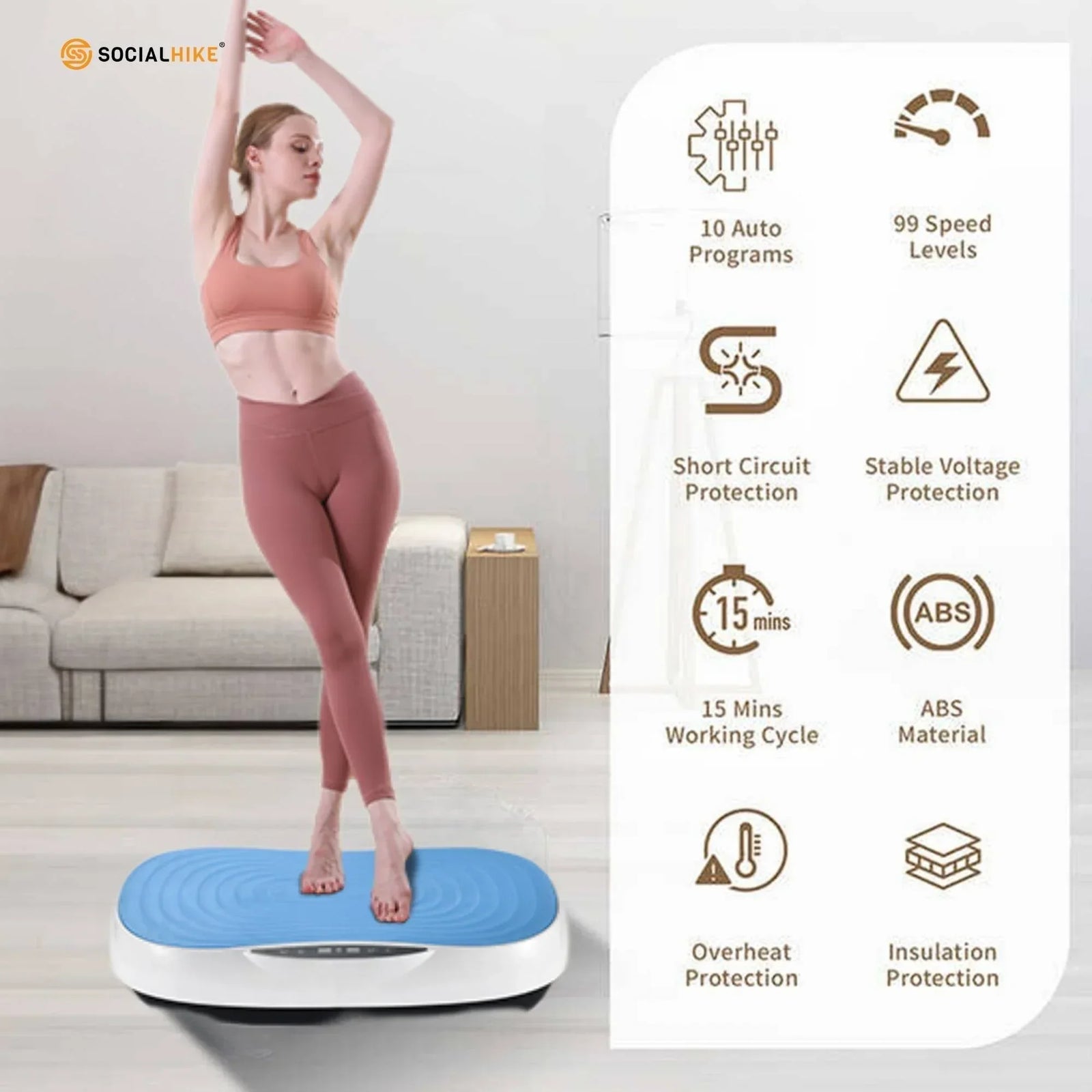 Social Hike 55cm Vibration Plate Machine Full Body Exercise Platform 200W Blue