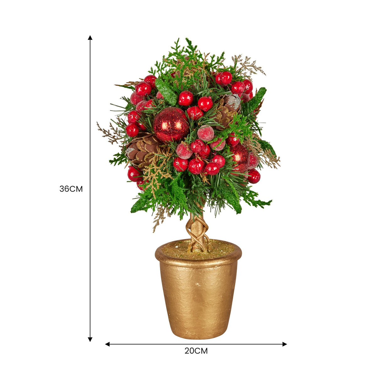 Christabelle 36cm Christmas Tabletop Topiary Tree Pre-Decorated Berries, Baubles & Pine Cones Gold Pot Twisted Stem Festive Decoration