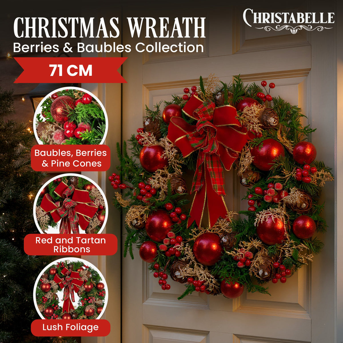 Christabelle Stunning 71cm Christmas Wreath Lush Red Baubles Berries Pine Cones and Bow Front Door Decoration