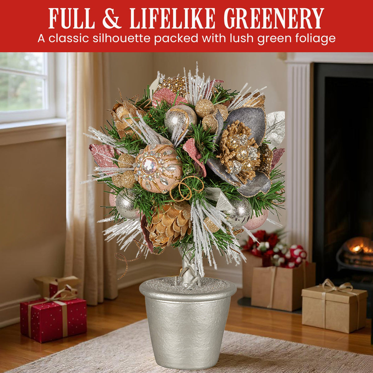 Christabelle 36cm Christmas Tabletop Topiary Tree Jewelled Baubles, Berries, Flowers and Pine Cones Festive Decoration