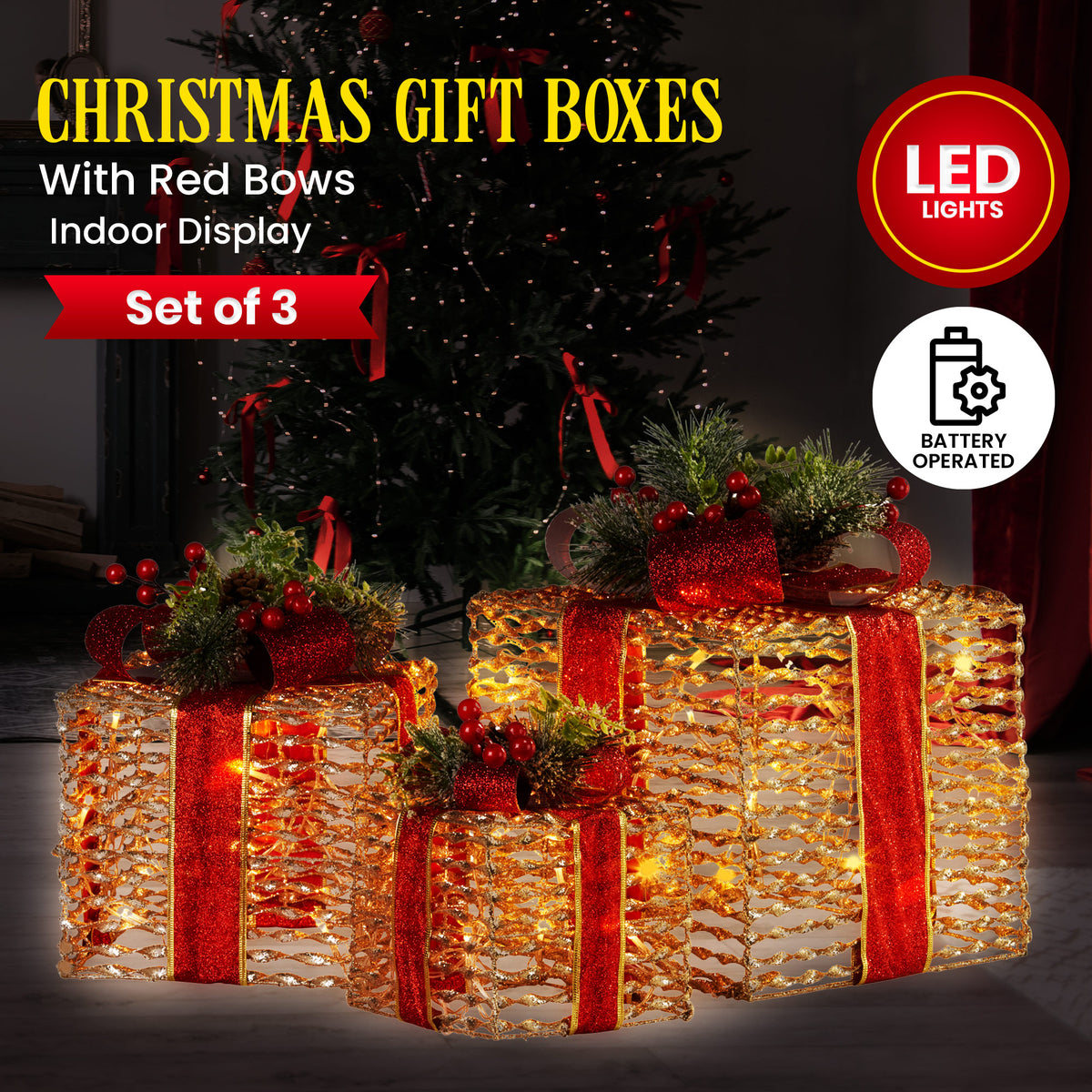 Christabelle Set Of 3 Christmas Gift Boxes With Lights - Champagne With Red Bows