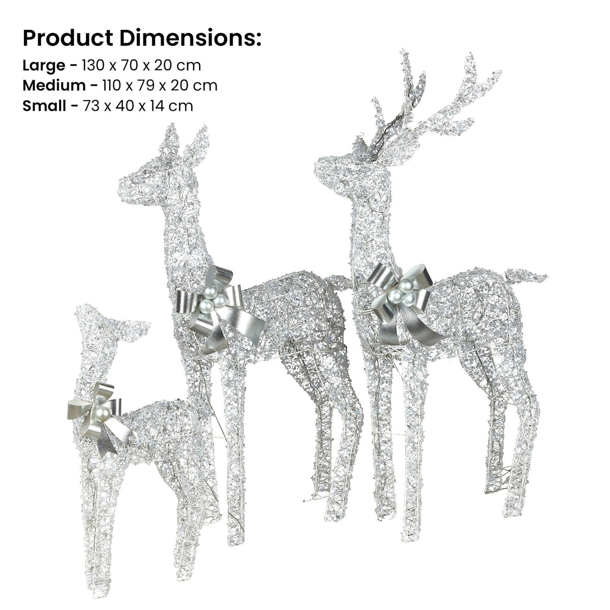 Christabelle Christmas Reindeer Display Set 3 Indoor & Outdoor Decorations Acrylic Beads Cool White LED Lights Silver
