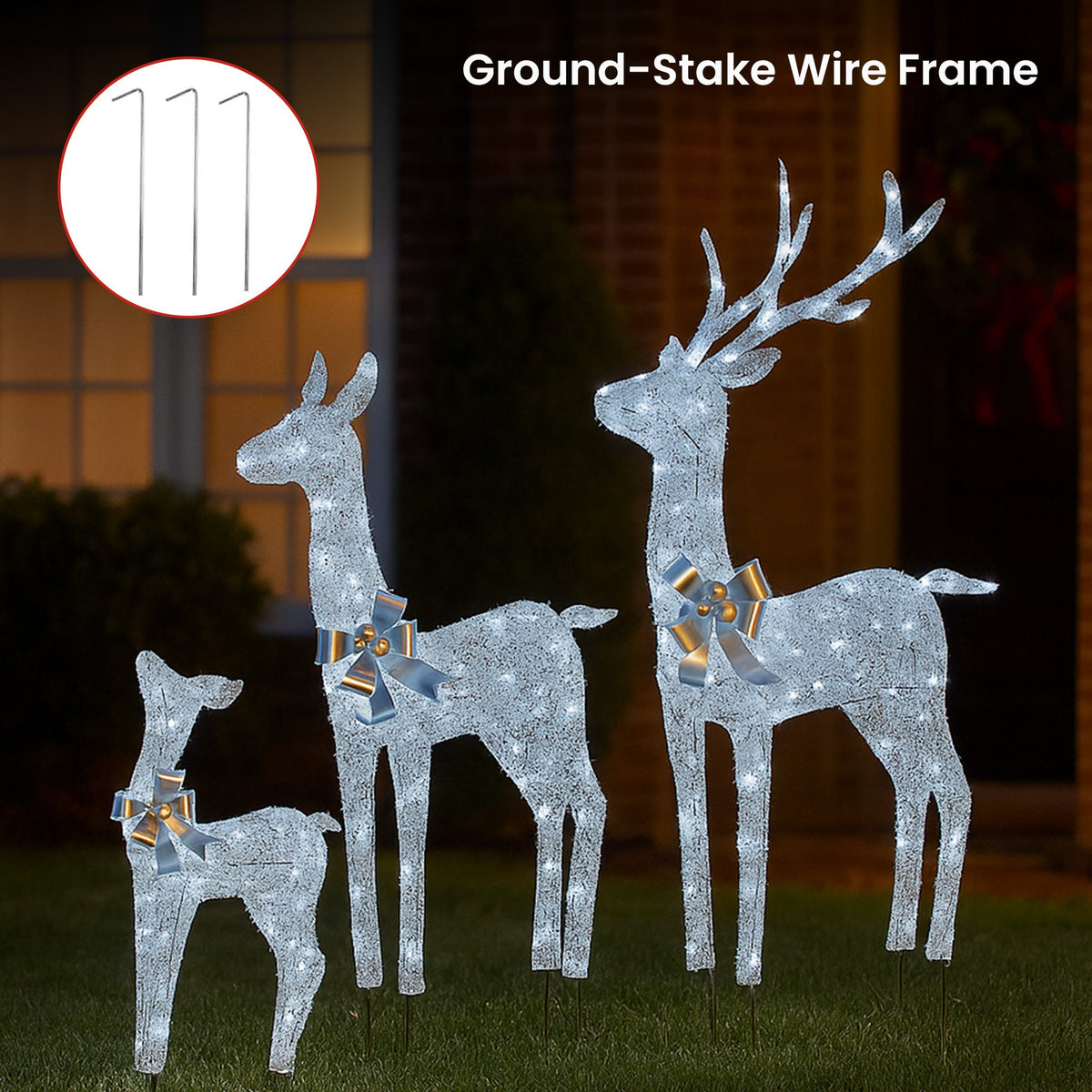 Christabelle Christmas Reindeer Display Set 3 Indoor & Outdoor Decorations Acrylic Beads Cool White LED Lights Silver