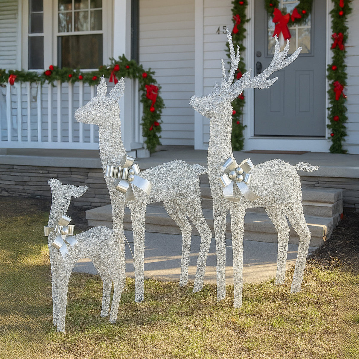 Christabelle Christmas Reindeer Display Set 3 Indoor & Outdoor Decorations Acrylic Beads Cool White LED Lights Silver