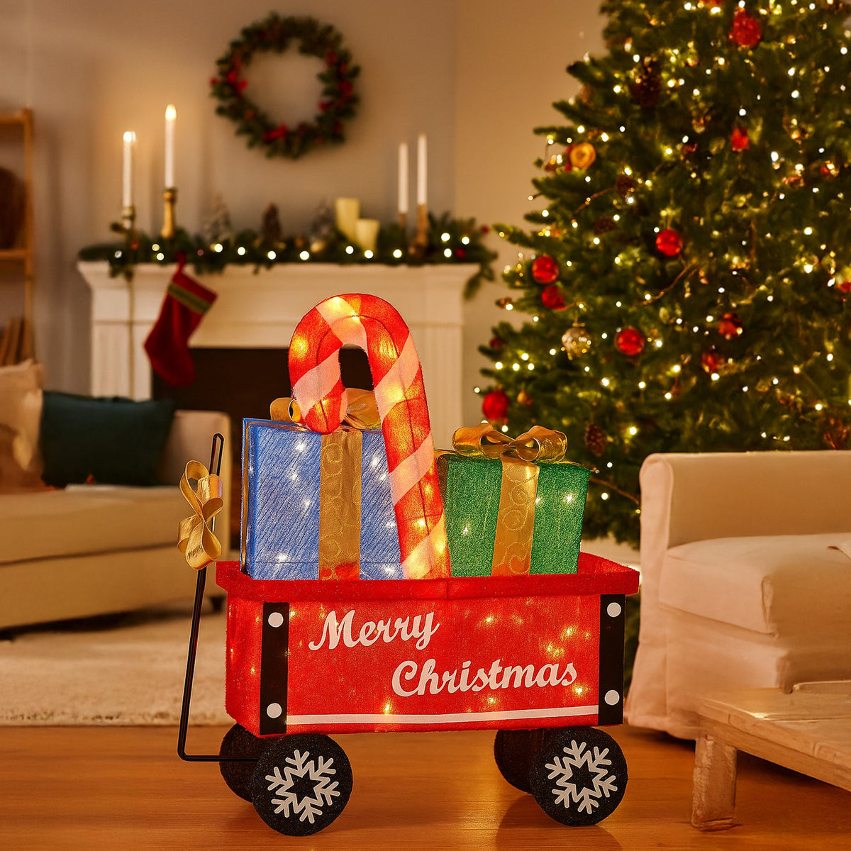 Christabelle Christmas Cart Display w/Candy Cane & Presents Warm White LED Lights Wire Frame Structure Indoor & Outdoor