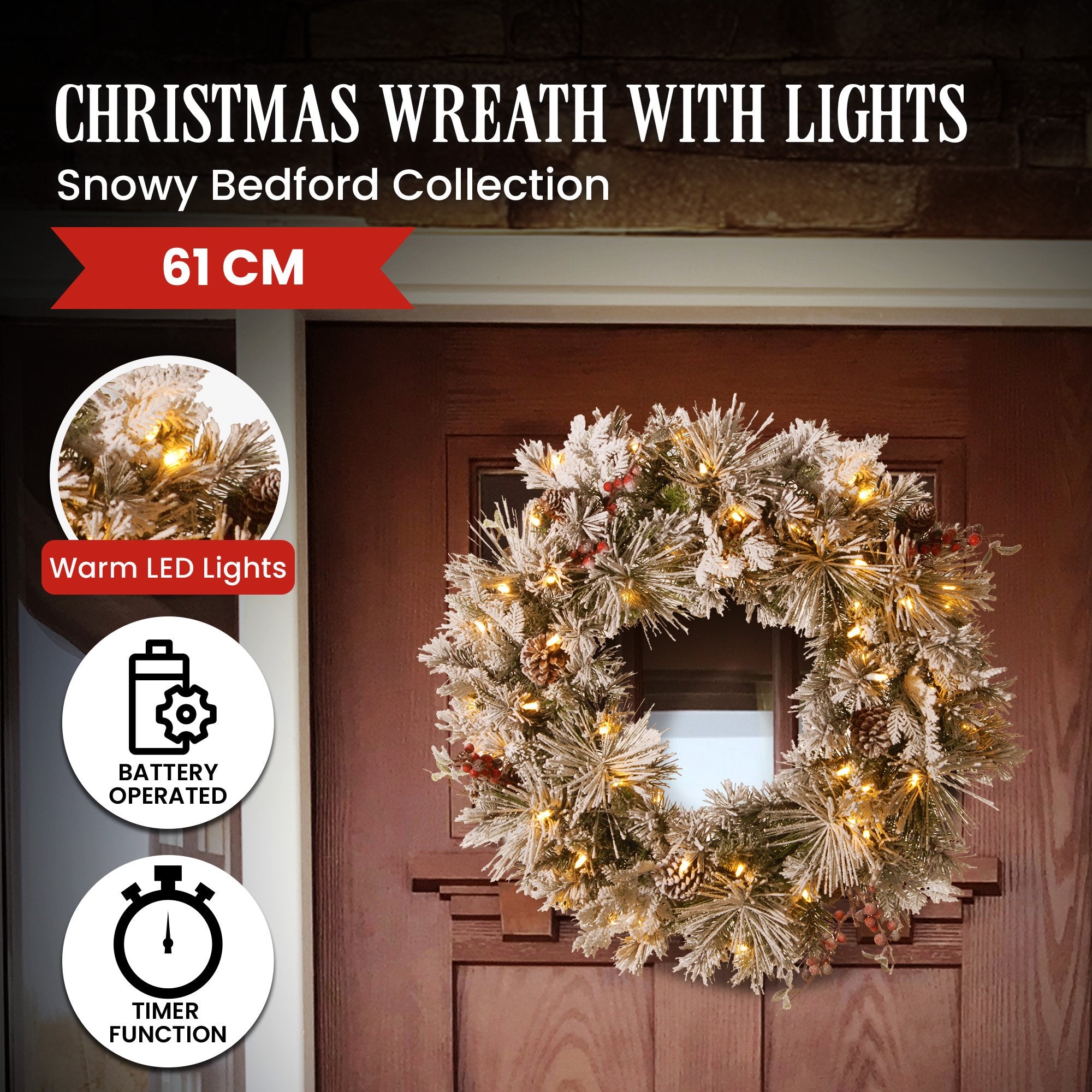 Christabelle 61cm Snowy Christmas Wreath Bedford with LED Lights Front Door Decoration Ornament