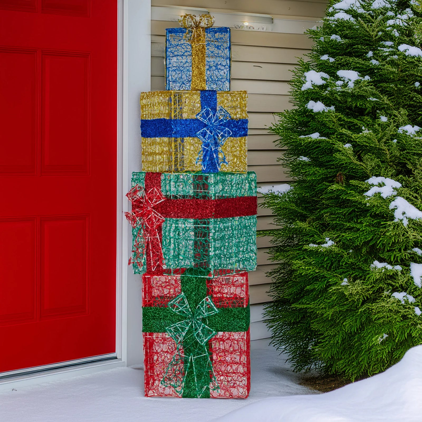 190cm 4-piece Gift Stack Box Christmas Decor Bows Led Lights Xmas