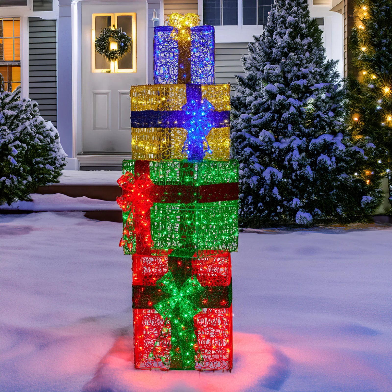 190cm 4-piece Gift Stack Box Christmas Decor Bows Led Lights Xmas