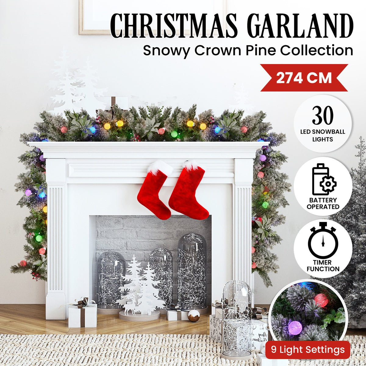 Christabelle 2.7m Snowy Christmas Garland with LED Coloured Baubles Lights Tree Decoration Ornament