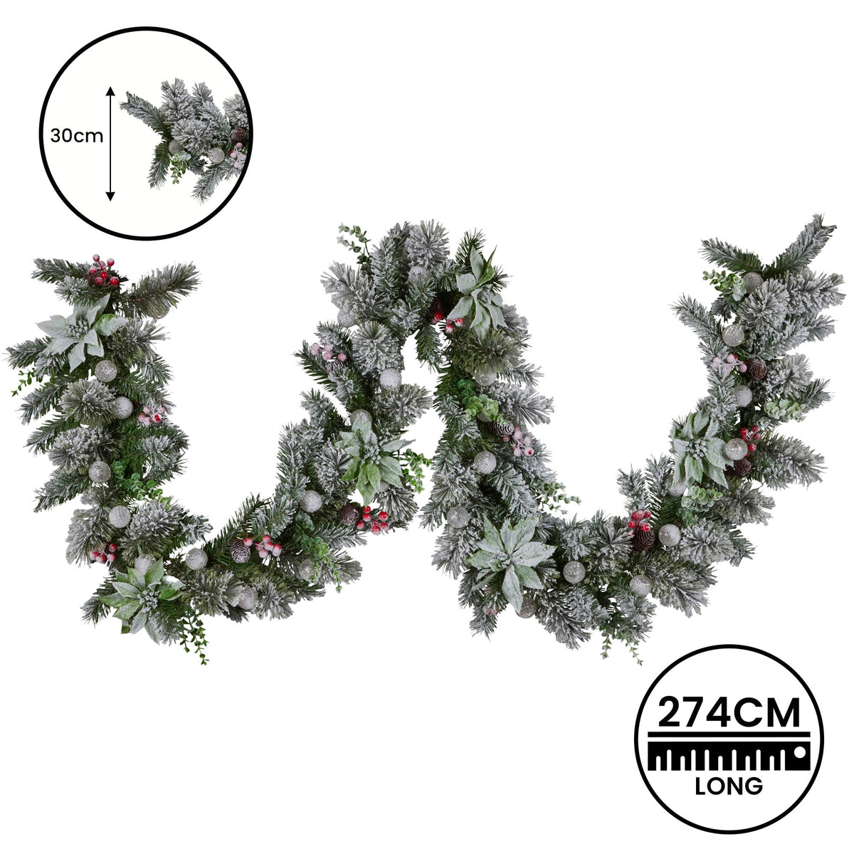 Christabelle 2.7m Snowy Christmas Garland with LED Coloured Baubles Lights Tree Decoration Ornament