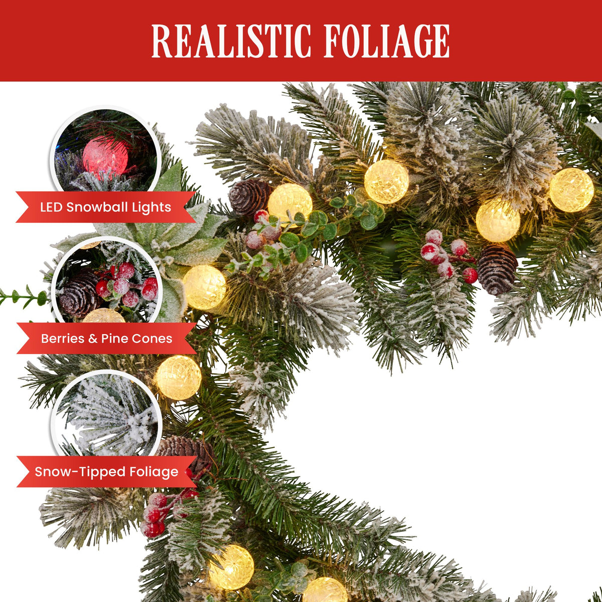 Christabelle 2.7m Snowy Christmas Garland with LED Coloured Baubles Lights Tree Decoration Ornament