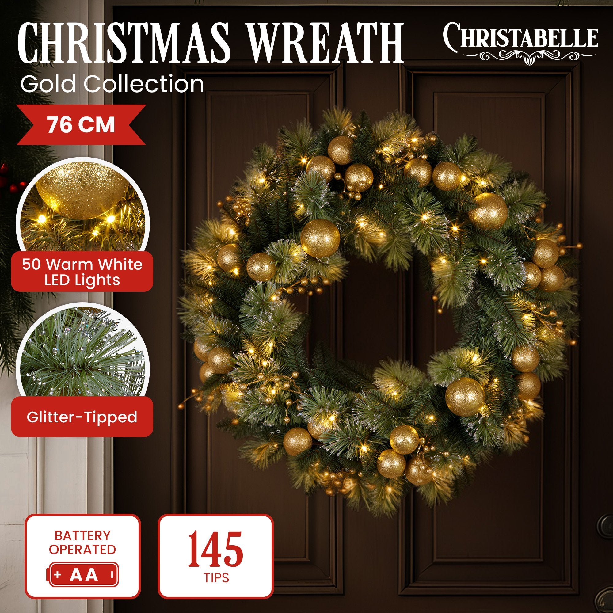 Christabelle 76cm Christmas Wreath Glittery Tipped with LED Lights and Golden Baubles Front Door Decoration Ornament