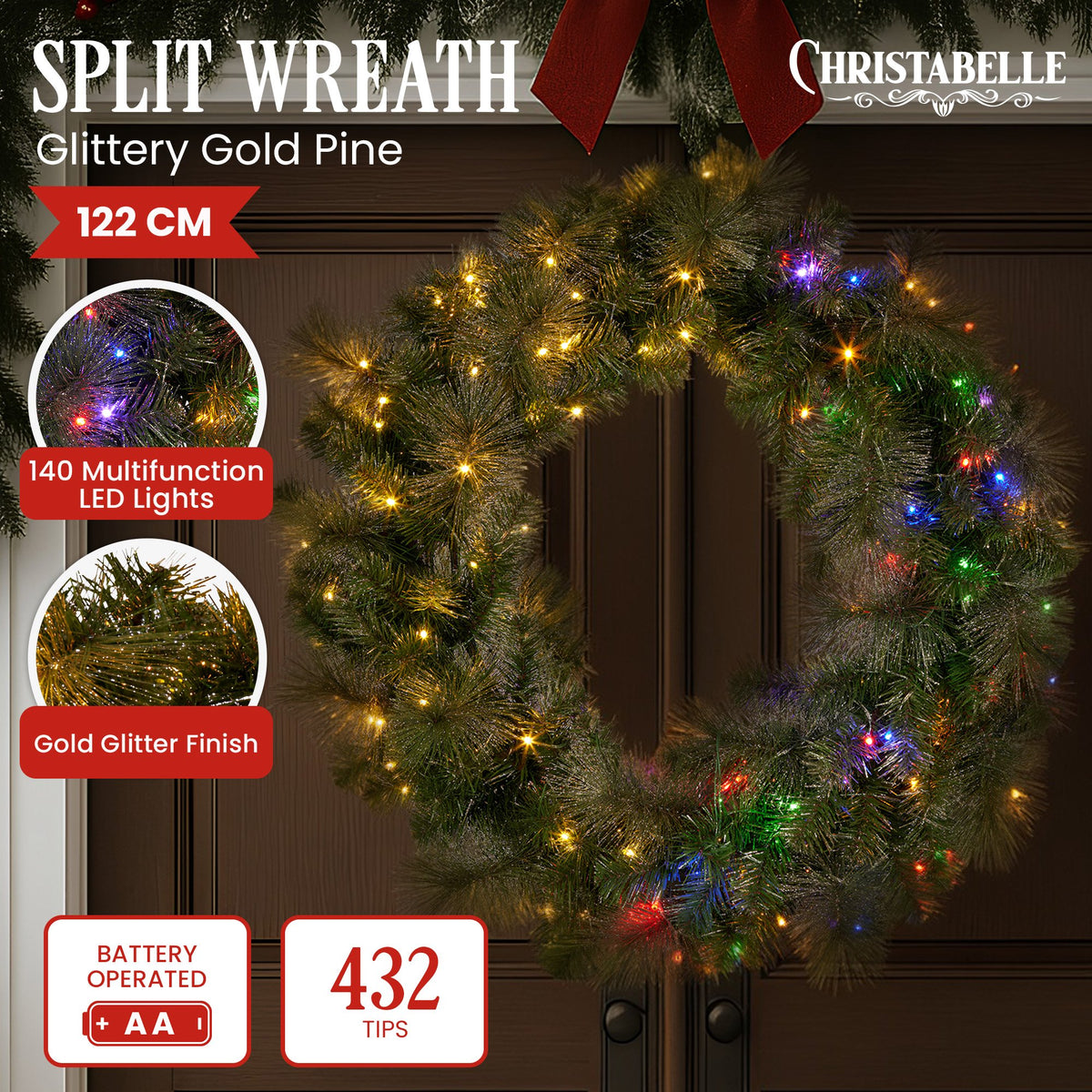 Christabelle 1.22m Split 2pc Christmas Wreath with LED Lights Pine Dual Front Doors Decoration Ornament