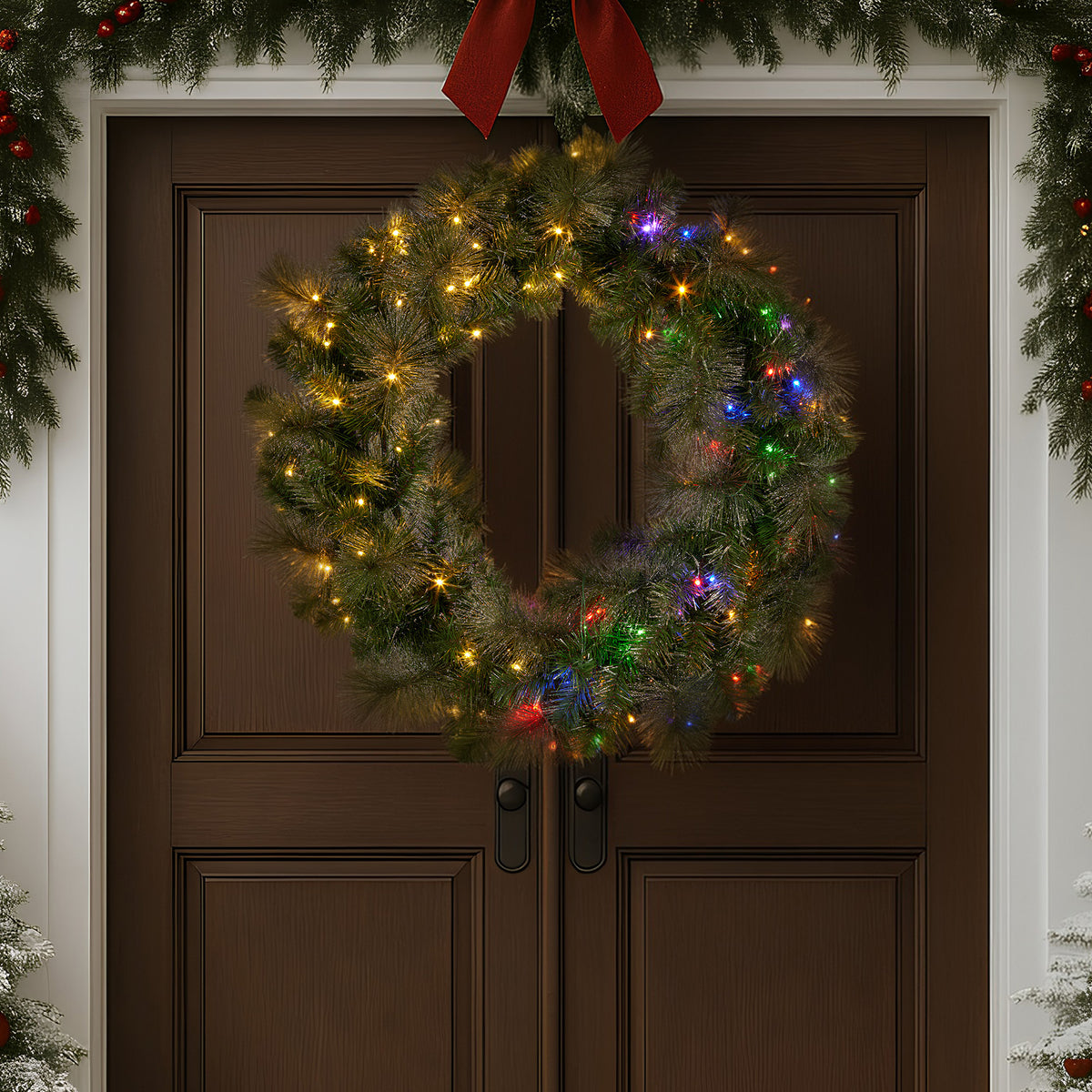 Christabelle 1.22m Split 2pc Christmas Wreath with LED Lights Pine Dual Front Doors Decoration Ornament