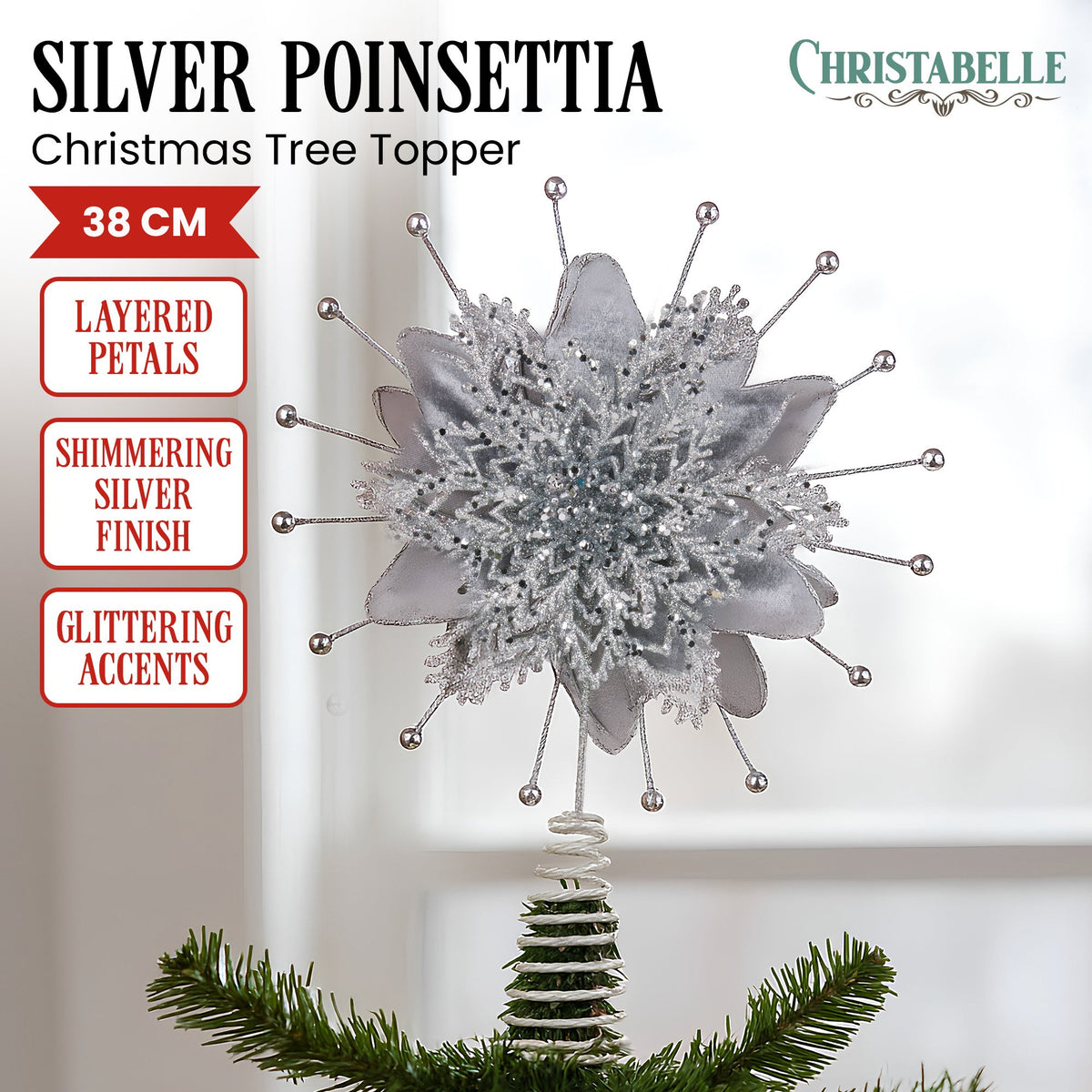 Christabelle Christmas Tree Topper Poinsettia Decoration Ornament Shimmering Silver Sparkle Petals