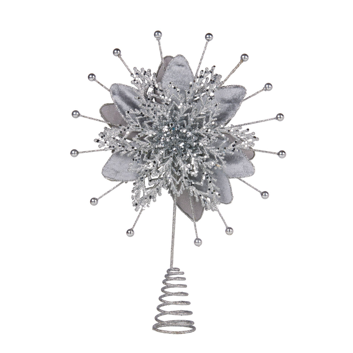 Christabelle Christmas Tree Topper Poinsettia Decoration Ornament Shimmering Silver Sparkle Petals