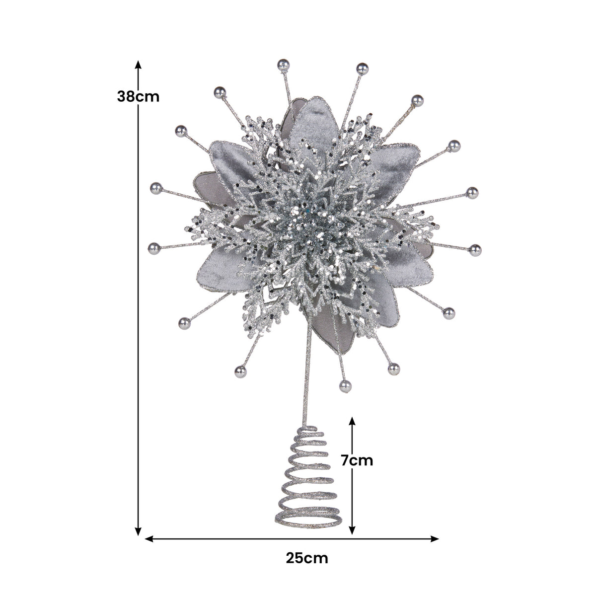 Christabelle Christmas Tree Topper Poinsettia Decoration Ornament Shimmering Silver Sparkle Petals